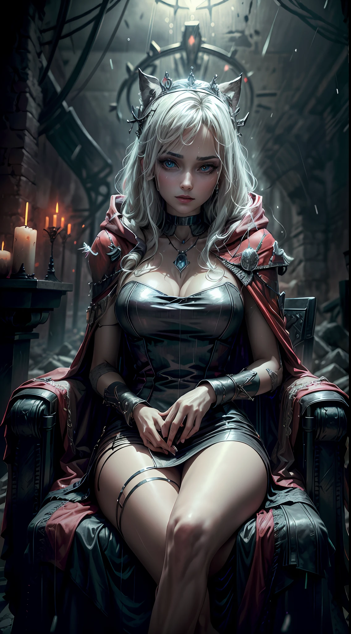 ((best quality)), ((masterpiece)), (very detailed: 1.3), 3D, NeonNoir, beautiful cyberpunk queen, wolf, (weird pendant on chest: 1.2), (diamond-shaped pupils: 1.2), (wearing a long red hooded cloak: 1.2), (wearing a crown: 1.2), candles flashing with an eerie light, (white emanating: 1.1), contemptuous eyes, raining, in a ruined castle, Sitting in a chair, Sony Master Lens,