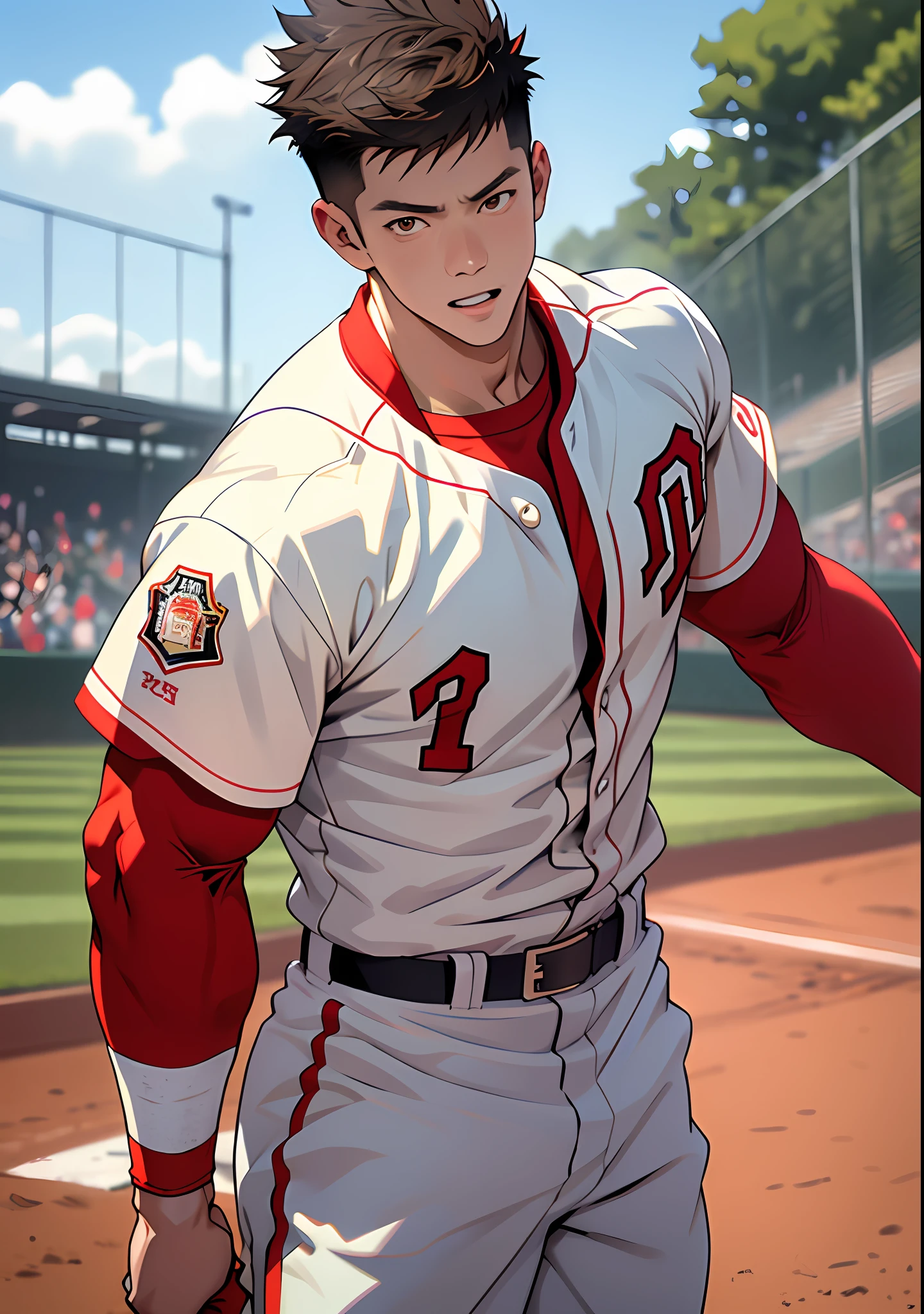 (masterpiece, top quality), one, Shohei Otani, muscular, short hair, brown eyes, complex, baseball field, home run, full body, white baseball uniform, open red jacket, bright colors, (depth of field: 1.4), (abs), jumping,