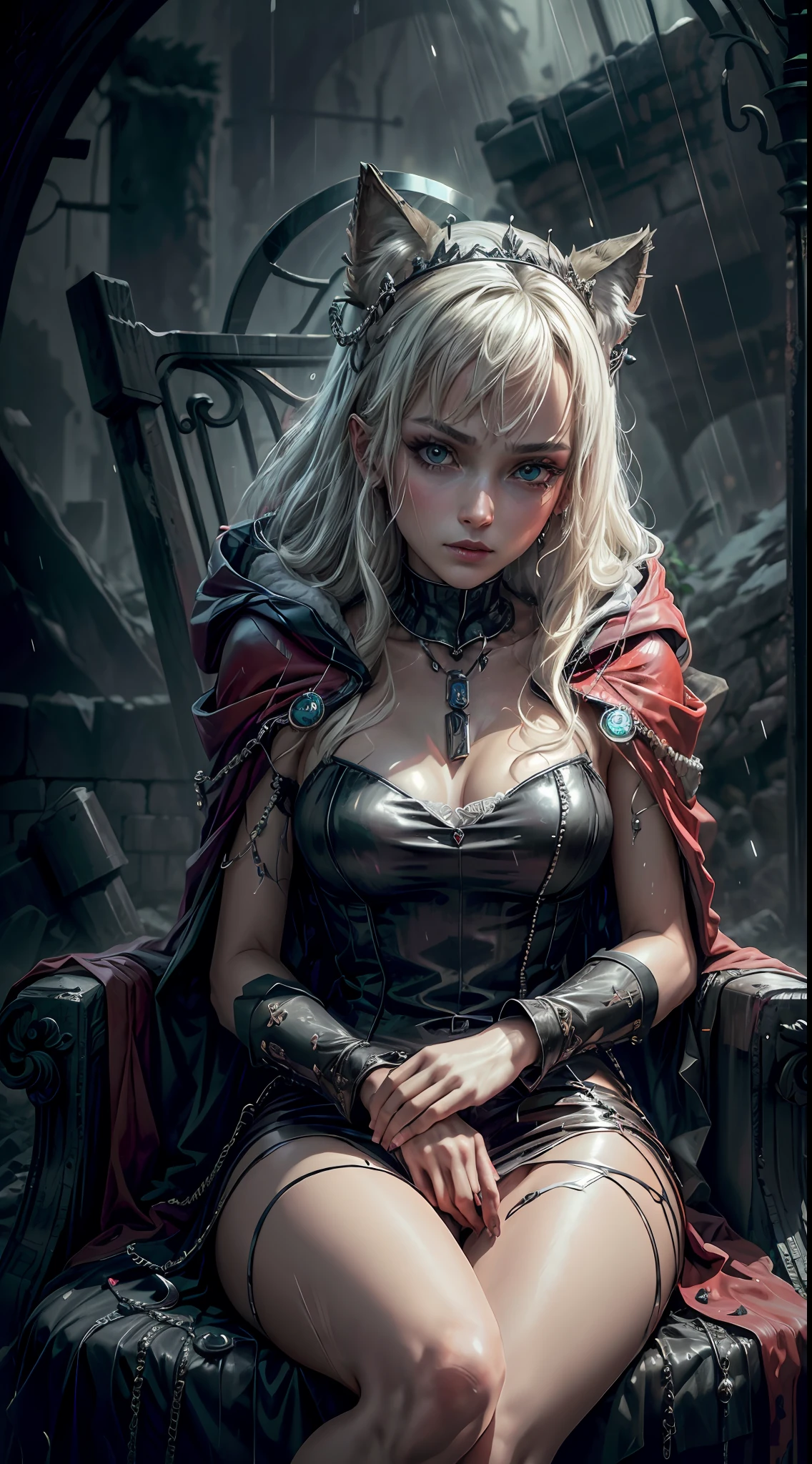 ((best quality)), ((masterpiece)), (very detailed: 1.3), 3D, NeonNoir, beautiful cyberpunk queen, wolf, (weird pendant on chest: 1.2), (diamond-shaped pupils: 1.2), (wearing a long red hooded cloak: 1.2), (wearing a crown: 1.2), candles flashing with an eerie light, (white emanating: 1.1), contemptuous eyes, raining, in a ruined castle, Sitting in a chair, Sony Master Lens,