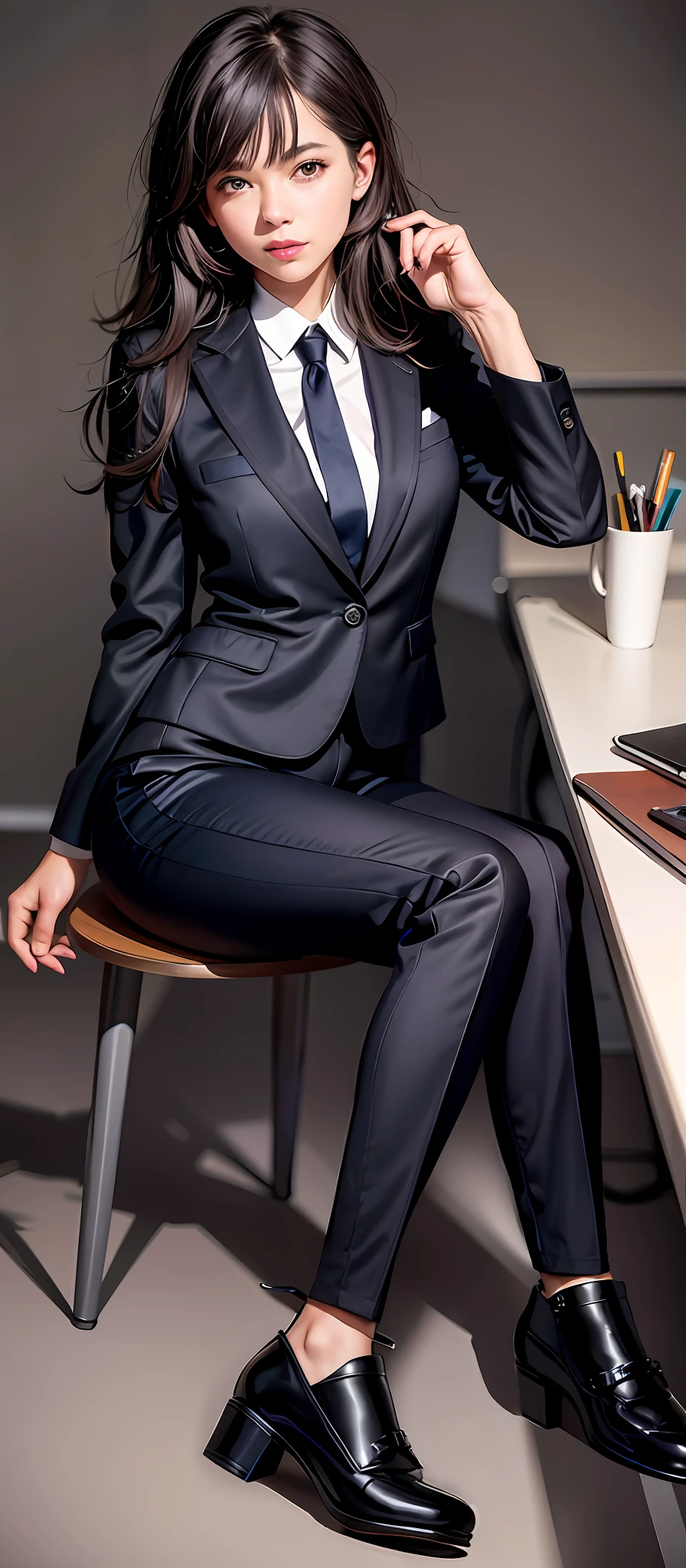 There is a woman sitting on a stool in the room, office clothes, wearing a tight suit, thighs and skirt, a girl in a suit, on the desk, sitting at the desk, sitting at the desk, a girl in a suit, a business girl, wearing a suit, a business attire, a tight suit, black high heels, normal limbs and palms