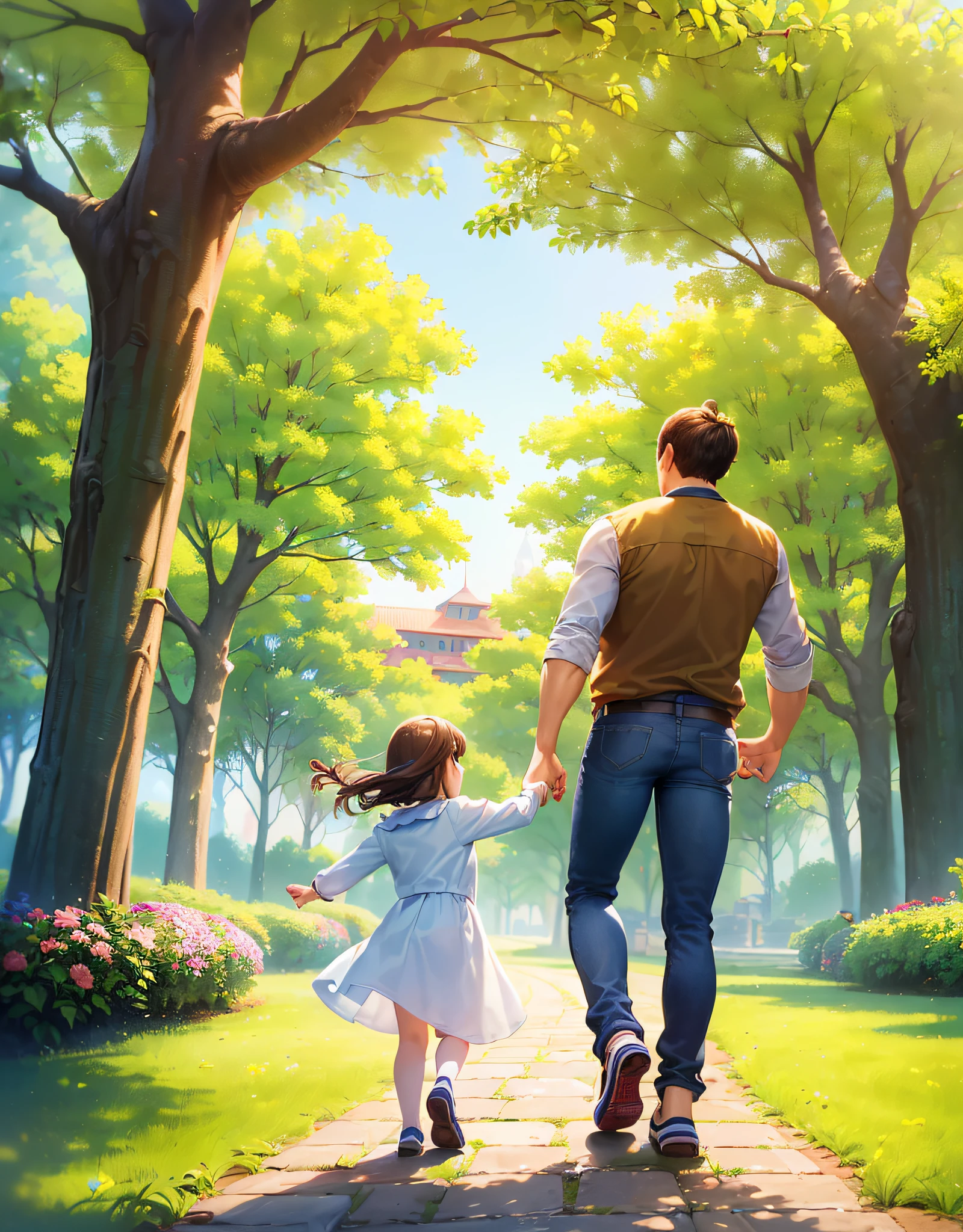 Masterpiece level, best picture quality, high definition ((park + children's book style) Father's Day celebration: (1girl+1man), full of happiness and joy, high detail, bright and auspicious. (Main body of the park): Playful play and laughter, strollers passing through the tree-lined paths when Father's Day arrives. )
