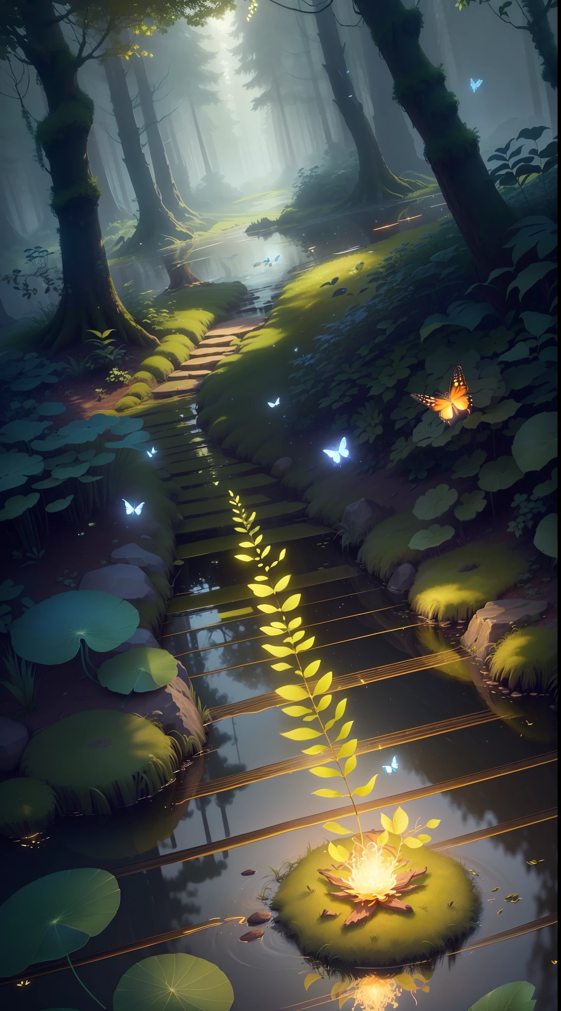 A masterpiece, the best quality, stunning reflections, the best reflections ever. (very detailed CG unity 8k wallpapers), (best quality), (best illustrations), (best shadows), forest theme with natural elements. Tall trees, quiet streams, small glowing mushrooms surrounded by delicate leaves and branches, with fireflies and glowing particle effects,, (natural elements), (jungle theme), (leaves), (twigs), (fireflies), butterflies, (delicate leaves), (glow), (particle effects). , Isometric 3D, Octane Rendering, Ray Traced, Super Detailed