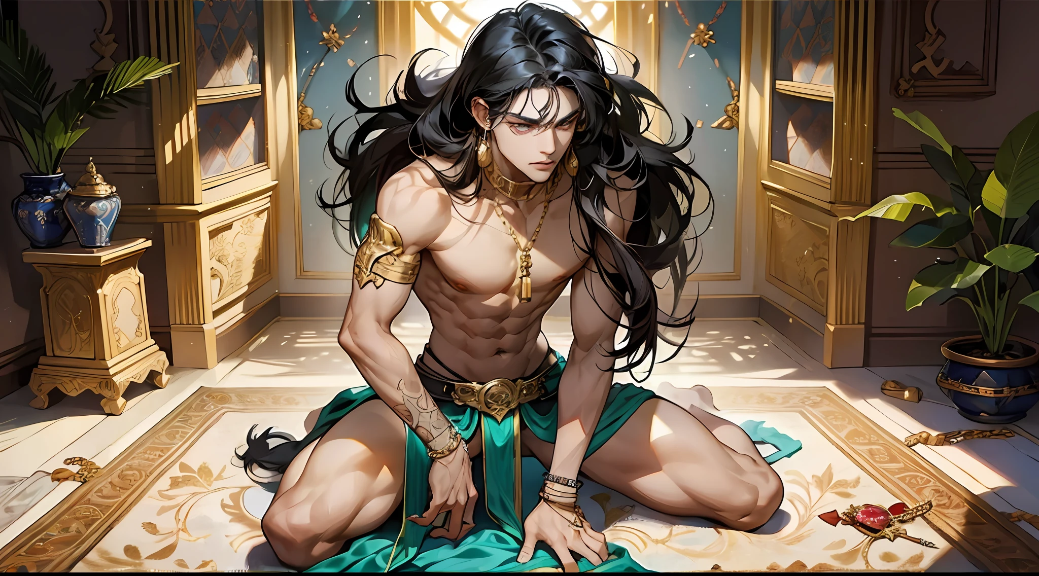 Black Skin, No Top, Young Man, 1boy, Male, Manly, Prince of Persia, Leaky Waist, Jewelry, Brilliant, Long Curly Hair, Black Hair, Dark Skin, Emerald Eyes, Gold Waist Chain, Armband, Thin Waist, Bare Leg, Barefoot, Anklet, Bracelet, Bracelet, Ring, Dynamic Pose, Dramatic Composition, Carpet, Wounded, Battle Damage, Bleeding from the Corners of the Mouth, Kneeling, Carpet, Chain, Collar, Cage