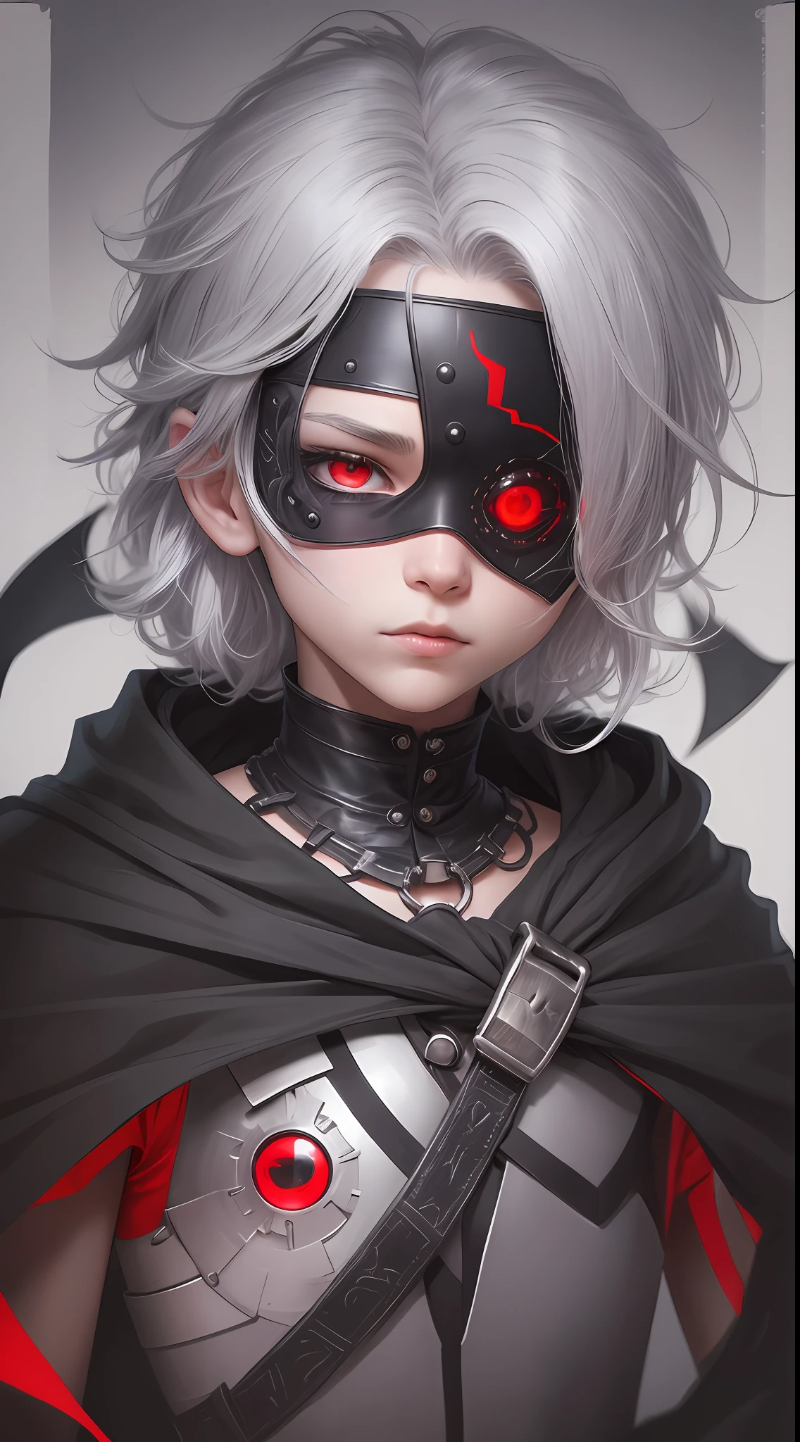 Two-dimensional, boy, short silver hair, black cape, red ribbon flowing, covering eyes, red eye patch --auto --s2