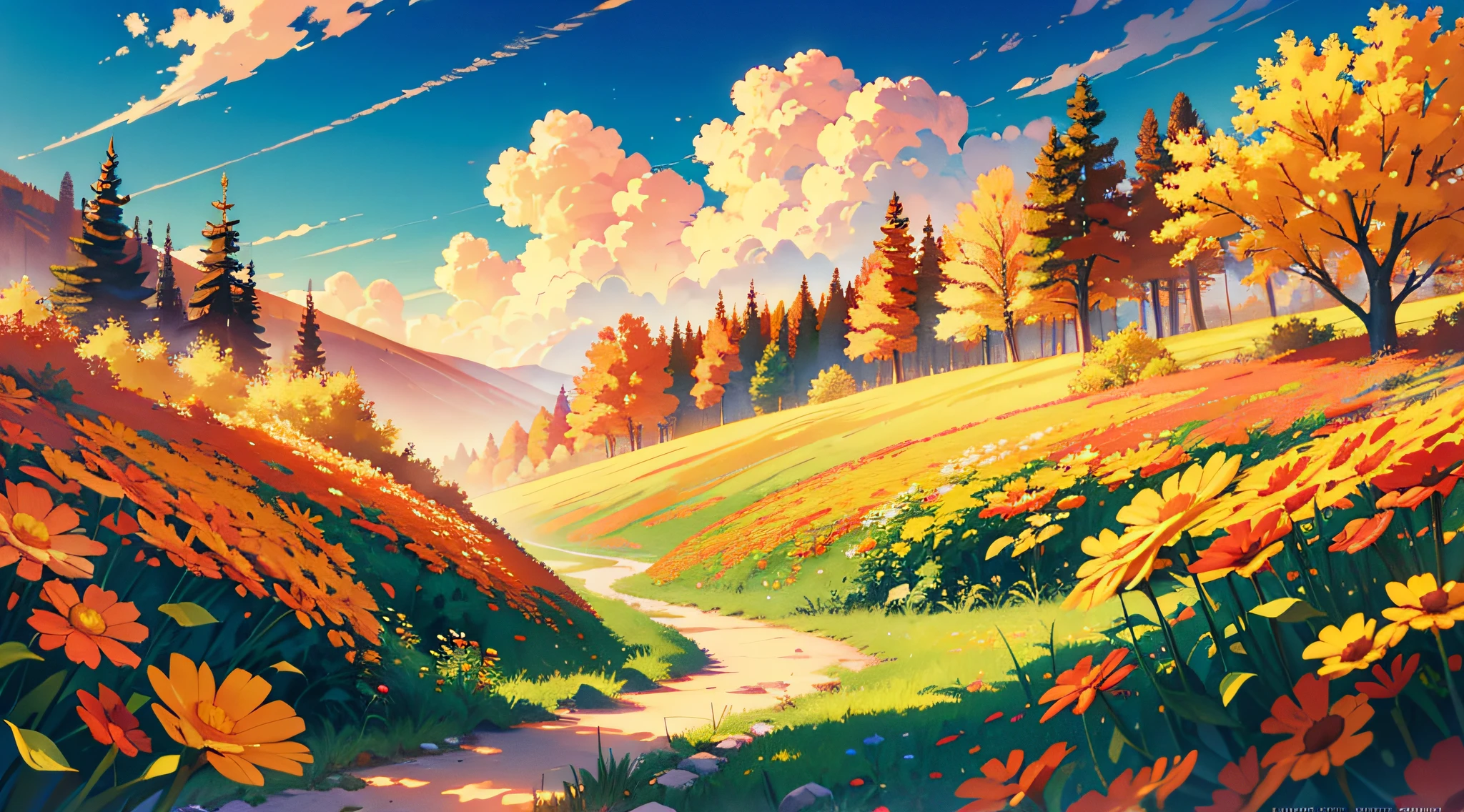 Cozy landscape, warm weather, warm colors, no flowers, no vegetation, ambient light, hyper lighting, masterpieces, HD, high quality, best quality, highres, high quality, high details, masterpiece, anime style