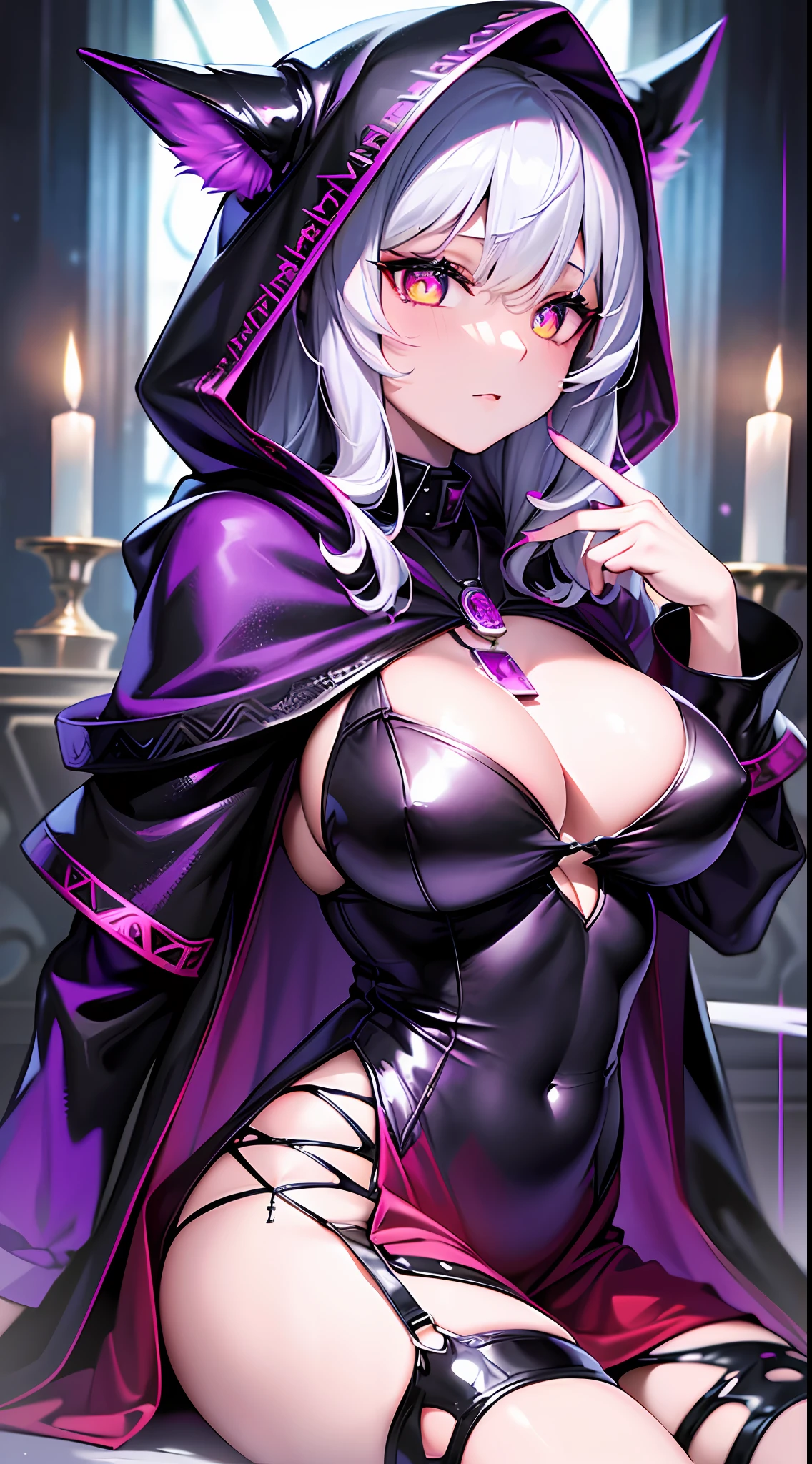 Best Quality, High Resolution, Masterpiece, Best Detail, 8K, Close-up, Realistic ((Best Quality)), ((Masterpiece)), (Very Detailed: 1.3), 3D, NeonNoir, Beautiful Cyberpunk , Wolf, (Spooky Pendant on Chest: 1.2), (Didiamond-Shaped Pupils: 1.2), (Wearing Long Red Hooded Cloak: 1.2), (Wearing Hood: 1.2), Candles Flashing Eerily Light, (White Radiating :1.1), contemptuous eyes, raining, in a ruined castle, sitting on a throne, Sony Master shot, Magic spell whirlwind swirling in the air, dark magic, (style swirl magic: 0.8), floating particles