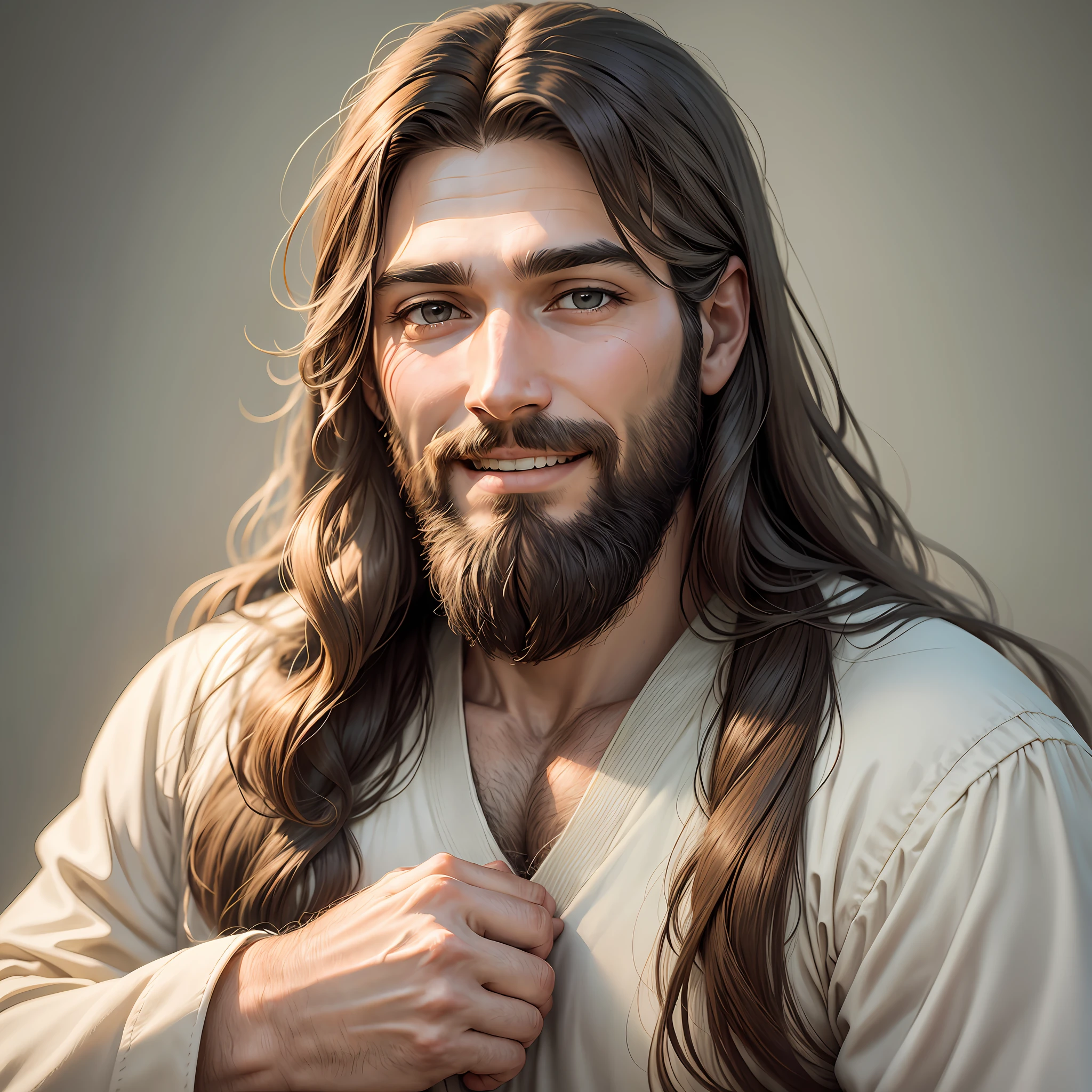 Create a realistic portrait of Jesus Christ with simple attire with long hair and a bushy beard, a grown-up man with a serene look and a smile on his face --auto --s2