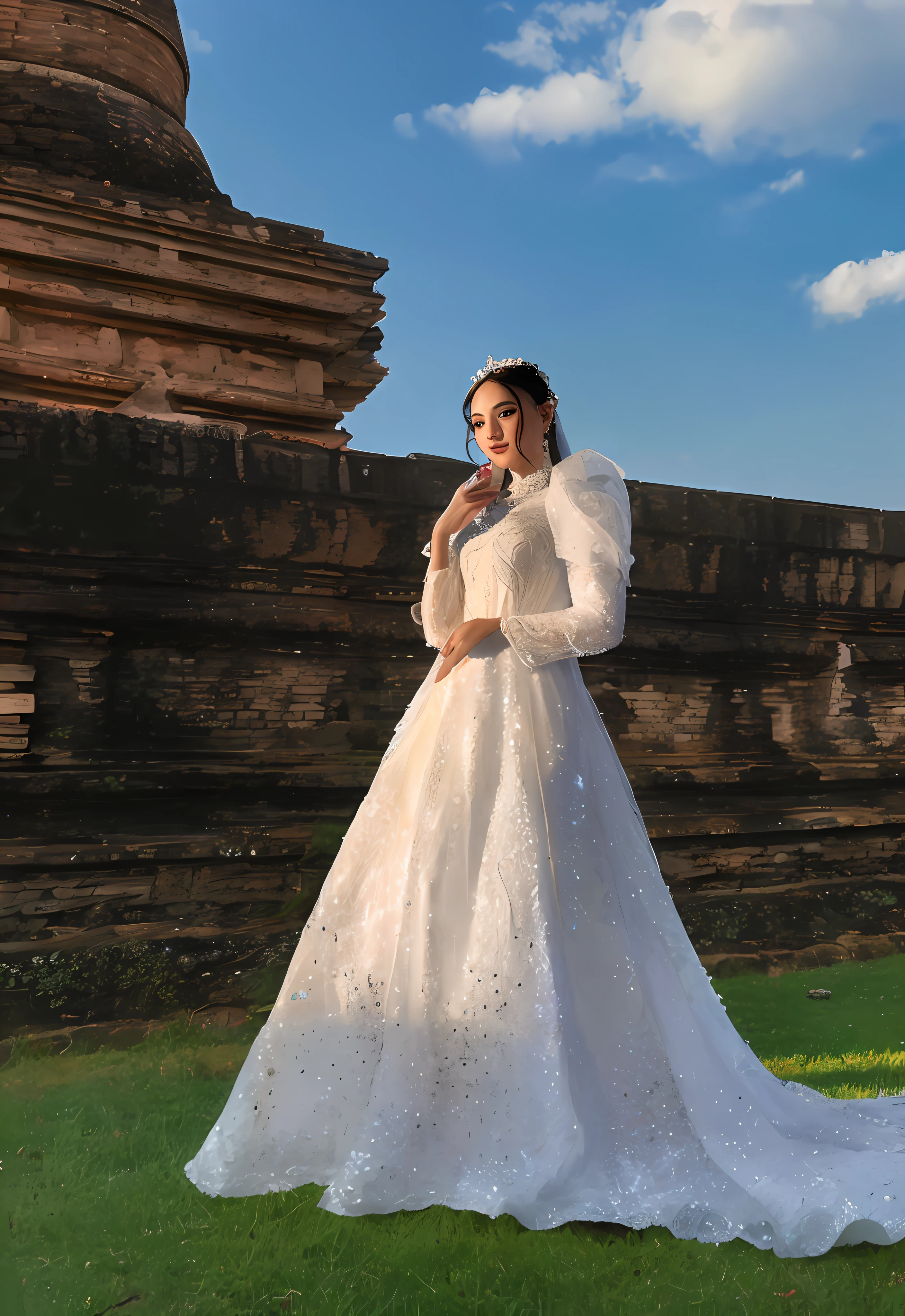 bride in white wedding dress standing in front of a stone wall, white regal gown, shot on canon eos r5, shot on canon eos r 5, ao dai, full image, fantasy long intricate gown, royal gown, sukhothai costume, white royal dress, mid shot portrait, with a castle in the background, white gown, elegant intricate, full pose