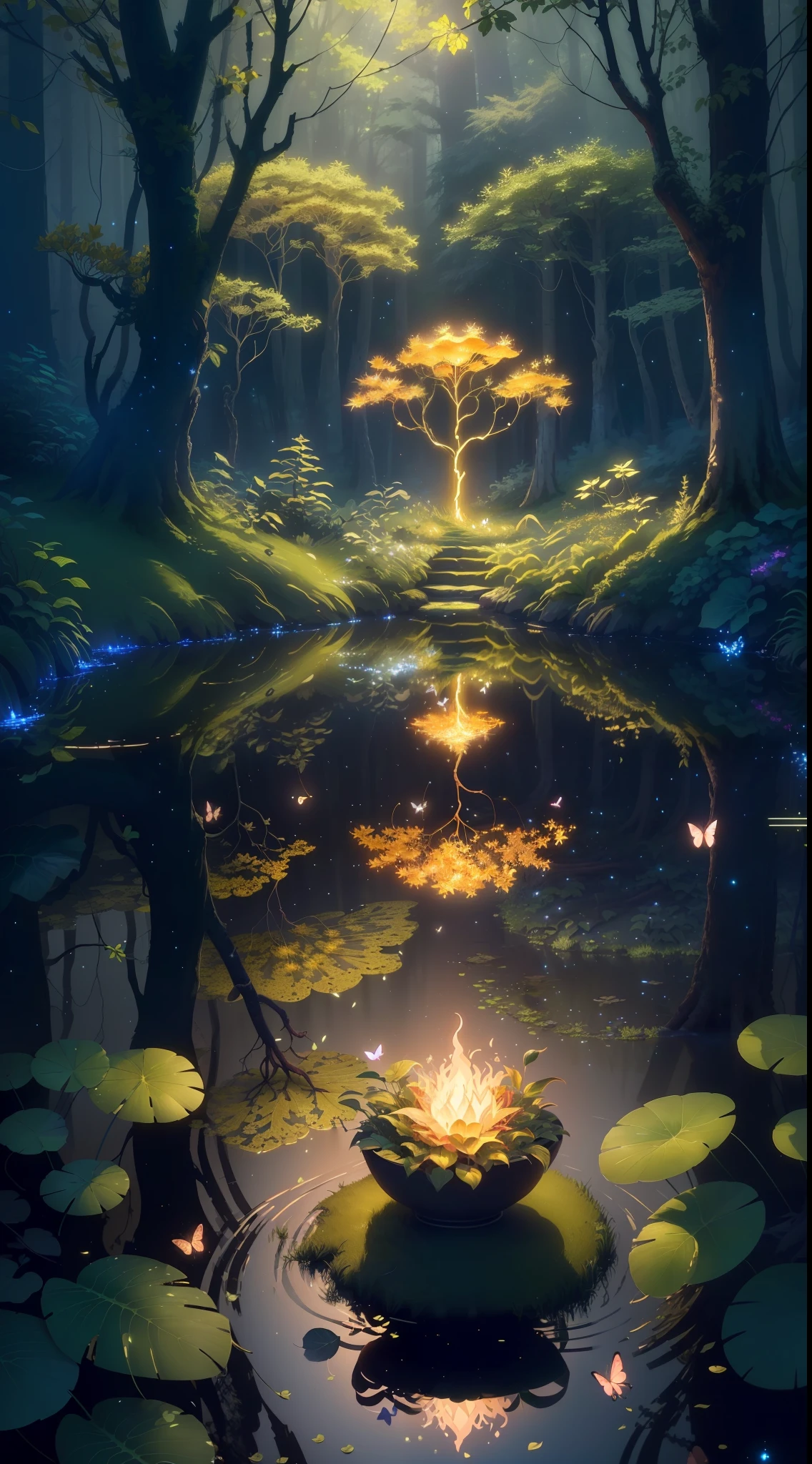 A masterpiece, the best quality, stunning reflections, the best reflections ever. (very detailed CG unity 8k wallpapers), (best quality), (best illustrations), (best shadows), forest theme with natural elements. Tall trees, quiet streams, small glowing mushrooms surrounded by delicate leaves and branches, with fireflies and glowing particle effects,, (natural elements), (jungle theme), (leaves), (twigs), (fireflies), butterflies, (delicate leaves), (glow), (particle effects). , Isometric 3D, Octane Rendering, Ray Traced, Super Detailed