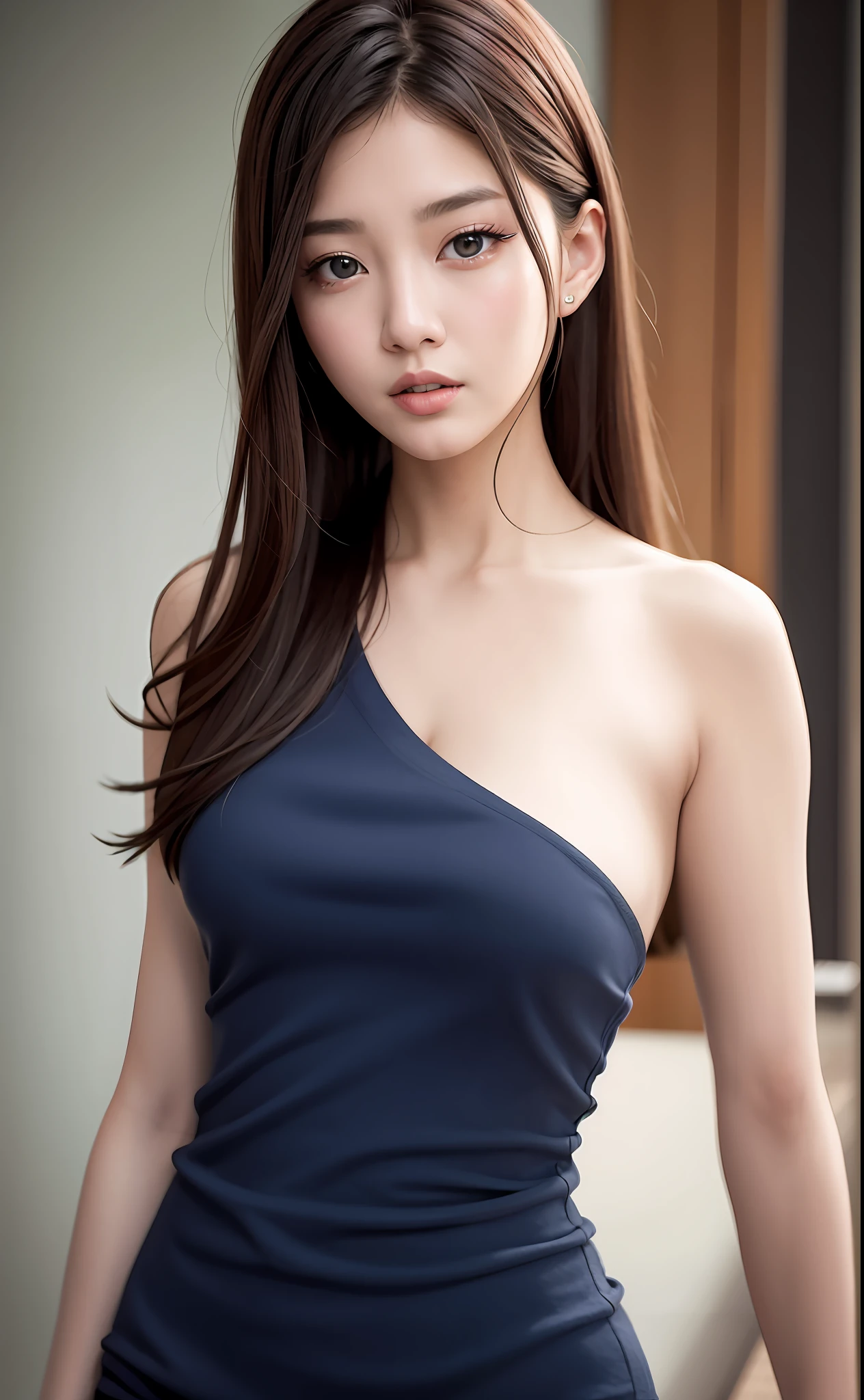 Top Quality, Ultra High Definition, (Photorealistic: 1.4), (Detailed Beautiful Girl: 1.4), (Medium: 0.8), looking_at_viewer, Detailed Facial Details, Beautiful Detailed Eyes, Brown Hair, Blue Eyes, Slender, Unforgettable Smile, (Makeup: 0.3), Red Lips, Highly Detailed Clothes, (ulzzang-6500-v1.1:0.3)