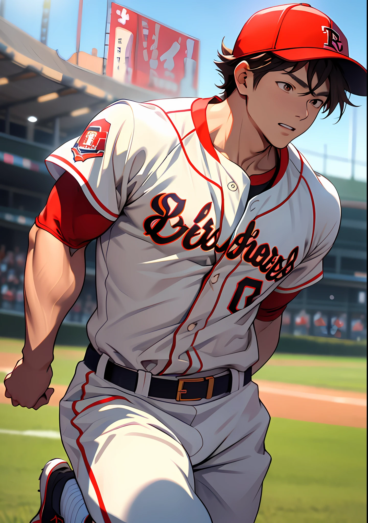 (masterpiece, top quality), one, Shohei Otani, muscular, short hair, brown eyes, complex, baseball field, home run, full body, white baseball uniform, open red jacket, bright colors, (depth of field: 1.4), (abs), jumping,