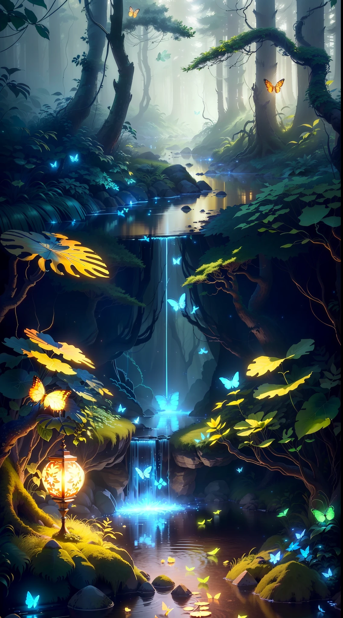 Masterpiece, best quality, (very detailed CG unity 8k wallpaper), (best quality), (best illustration), (best shadow), forest theme with natural elements. Tall trees, quiet streams, glowing small mushrooms, surrounded by delicate leaves and branches, and fireflies and glowing particle effects, (natural elements), (jungle theme), (leaves), (branches), (fireflies), (most butterflies), (delicate leaves), (glow), (particle effects). , isometric 3D, Octane rendering, ray tracing, super detailed
