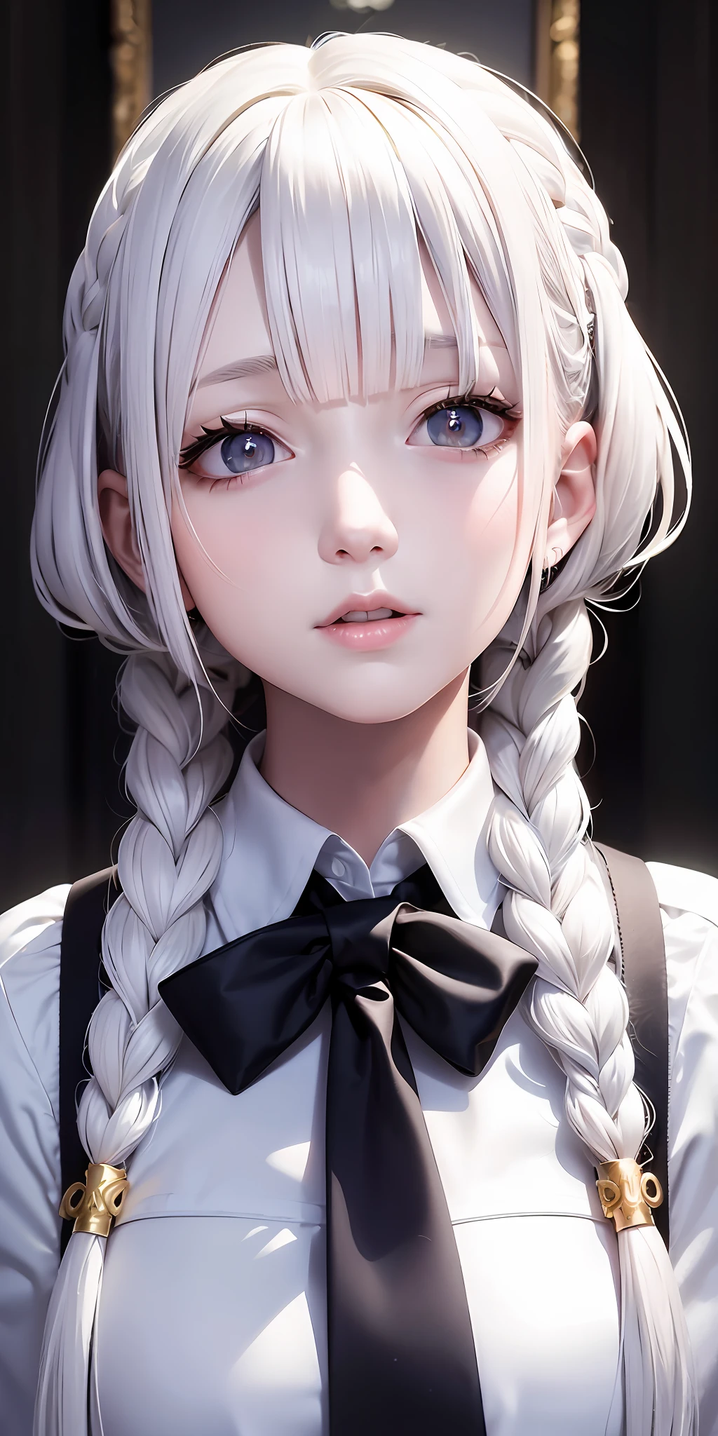 Excellent, masterpiece, white hair, golden eyes, white clothes, looking up, upper body, hair, fair skin, side braids, white hair schoolgirl, school uniform, at school, mischievous pose, masterpiece, ultra-clear, bust photo