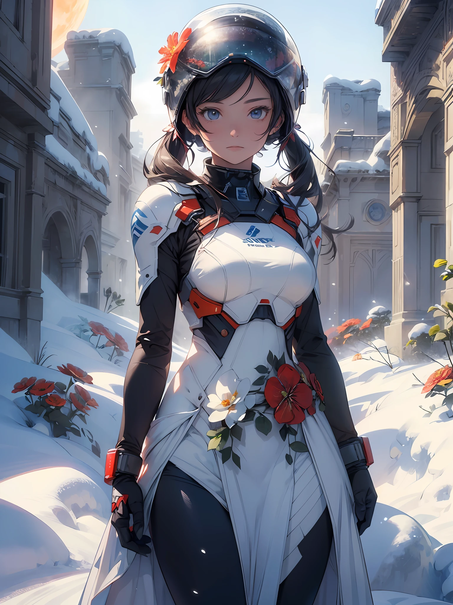 masterpiece, hyperdetail, Illustrations, dynamic angle, 1 girl, (solo), (wearing aerospace suit helmet), wedding dress, full body, outdoor, sunset, (snow, snowstorm:1.2), ruins, big red moon, third person, (withe flower:1.5), illustration, vivd color, cinematic lighting,
