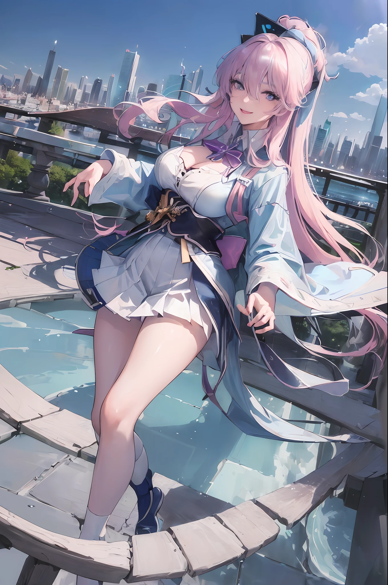 official art, masterpiece, sharp focus, (beautiful gorgeous cute Korean woman:1.3), (beautiful cute korean:1.3), korean beauty, Delicate and beautiful hair and eyes and face, realistic, ultra detailed, beautiful girl, blue sky, glow white particle, (sidelighting:1.2), sun light, white cloud, detailed clouds, slender, Lovely very large breasts and very large hips, smile with teeth, ((smile with eyes, open both eyes)), scenery, long straight hair, sexy facial expression, building, (cityscape:1.7), dynamic hair, long straight hair, detailed platinum pink hair, glow blue eyes, (blue pleated shirts + white skirt), white long socks, pale skin, hair ornament, epic scenery,