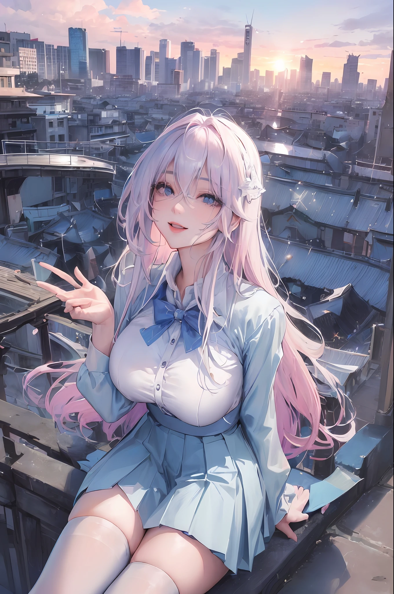 official art, masterpiece, sharp focus, (beautiful gorgeous cute Korean woman:1.3), (beautiful cute korean:1.3), korean beauty, Delicate and beautiful hair and eyes and face, realistic, ultra detailed, beautiful girl, blue sky, glow white particle, (sidelighting:1.2), sun light, white cloud, detailed clouds, slender, Lovely very large breasts and very large hips, smile with teeth, ((smile with eyes, open both eyes)), scenery, long straight hair, sexy facial expression, building, (cityscape:1.7), dynamic hair, long straight hair, detailed platinum pink hair, glow blue eyes, (blue pleated shirts + white skirt), white long socks, pale skin, hair ornament, epic scenery,