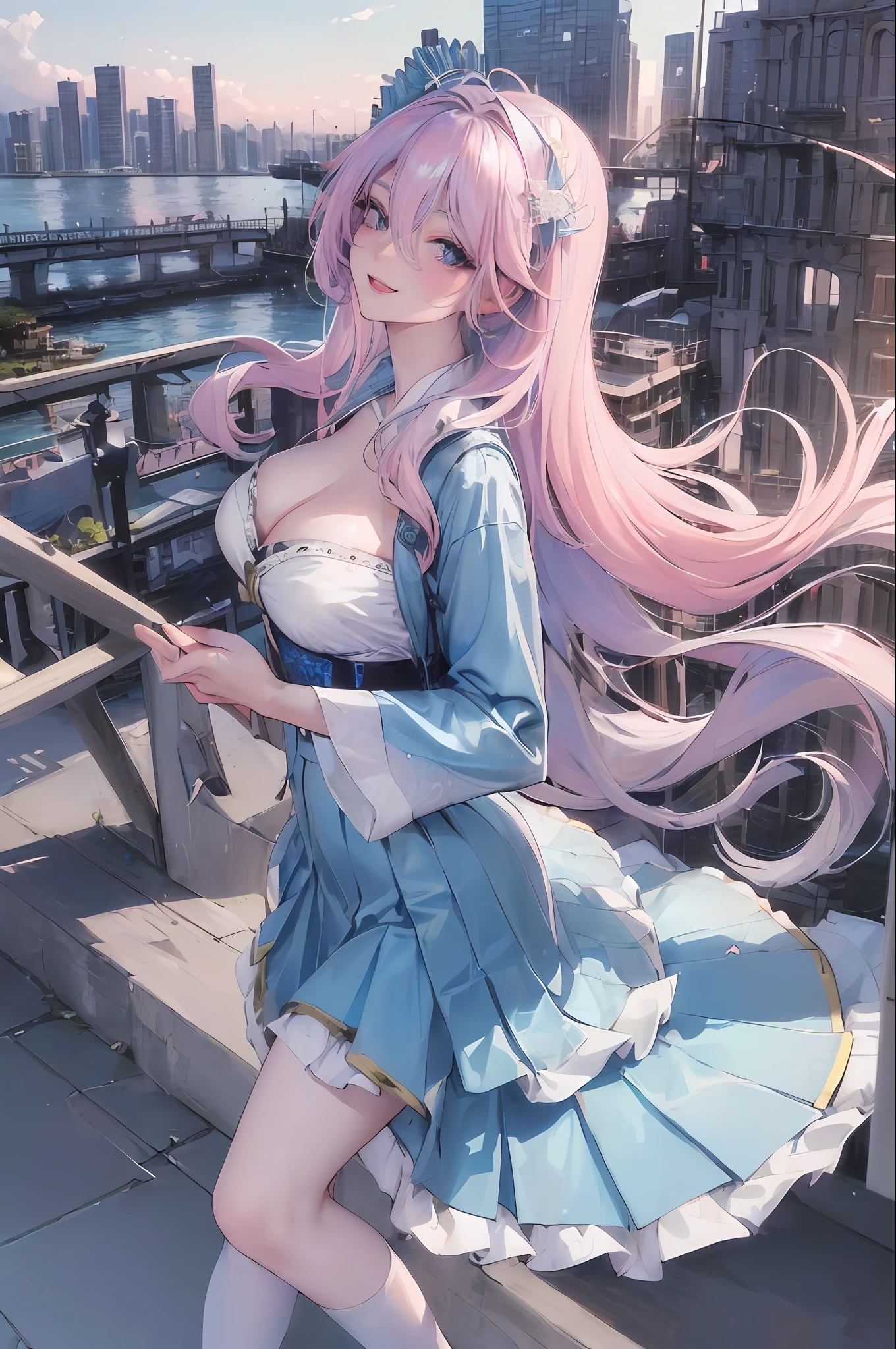 official art, masterpiece, sharp focus, (beautiful gorgeous cute Korean woman:1.3), (beautiful cute korean:1.3), korean beauty, Delicate and beautiful hair and eyes and face, realistic, ultra detailed, beautiful girl, blue sky, glow white particle, (sidelighting:1.2), sun light, white cloud, detailed clouds, slender, Lovely very large breasts and very large hips, smile with teeth, ((smile with eyes, open both eyes)), scenery, long straight hair, sexy facial expression, building, (cityscape:1.7), dynamic hair, long straight hair, detailed platinum pink hair, glow blue eyes, (blue pleated shirts + white skirt), white long socks, pale skin, hair ornament, epic scenery,
