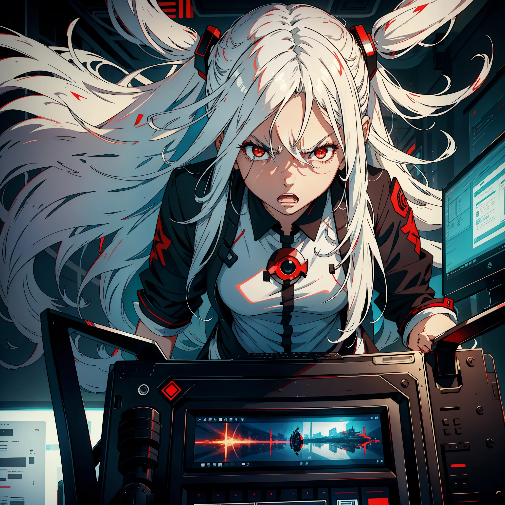 A girl, with long white hair and red eyes, in front of a computer screen, angry