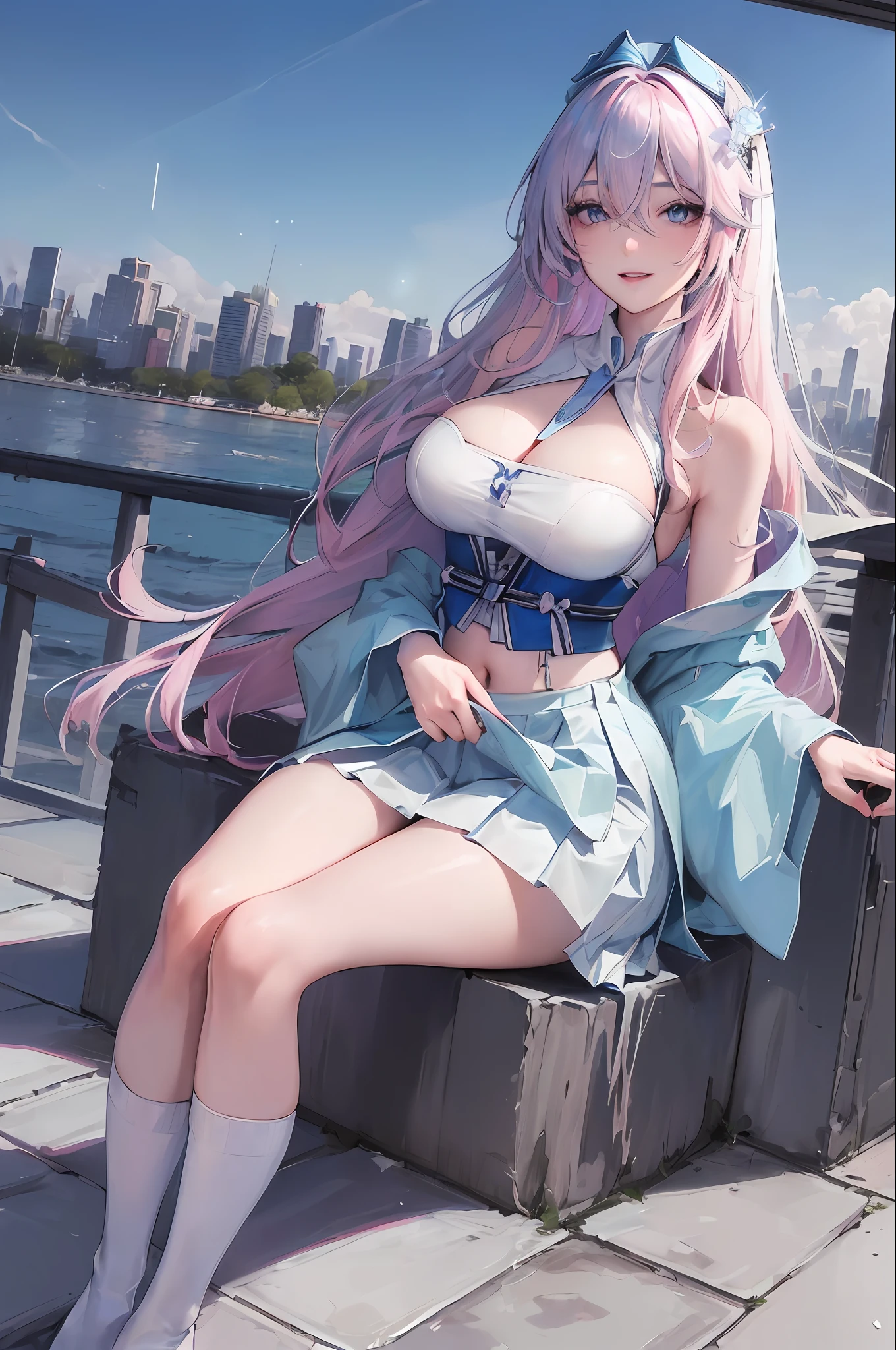 official art, masterpiece, sharp focus, (beautiful gorgeous cute Korean woman:1.3), (beautiful cute korean:1.3), korean beauty, Delicate and beautiful hair and eyes and face, realistic, ultra detailed, beautiful girl, blue sky, glow white particle, (sidelighting:1.2), sun light, white cloud, detailed clouds, slender, Lovely very large breasts and very large hips, smile with teeth, ((smile with eyes, open both eyes)), scenery, long straight hair, sexy facial expression, building, (cityscape:1.7), dynamic hair, long straight hair, detailed platinum pink hair, glow blue eyes, (blue pleated shirts + white skirt), white long socks, pale skin, hair ornament, epic scenery,