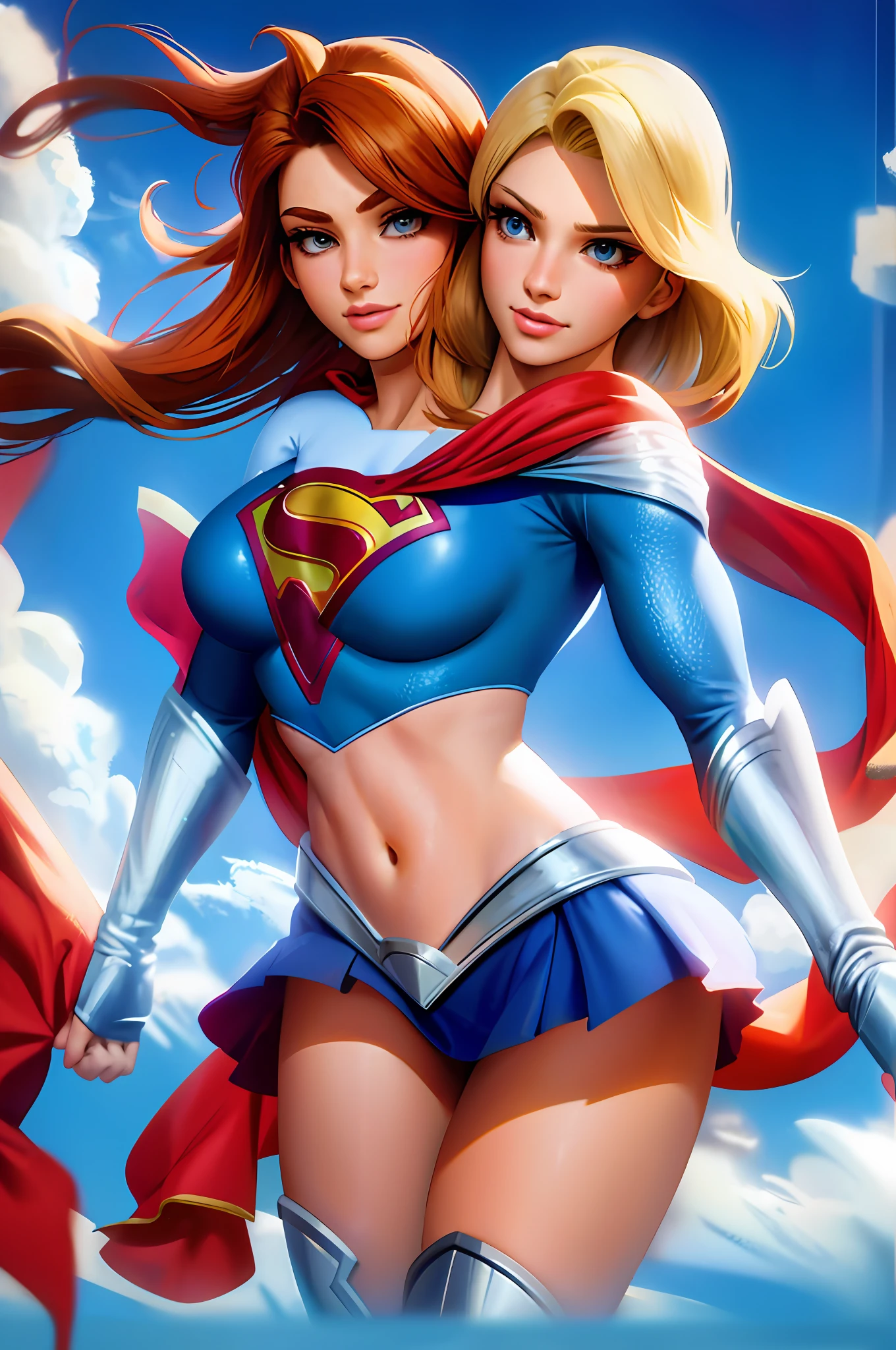 Disney animation style, 2 heads, conjoined, one head is blonde and one head auburn hair, dressed like supergirl, small breasts