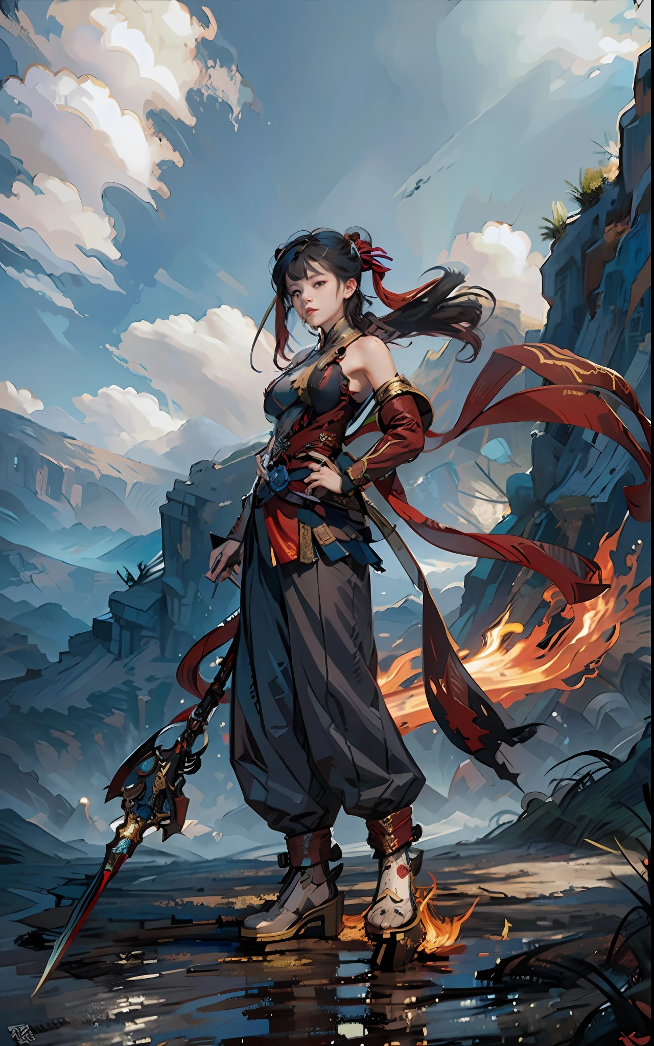 Masterpiece, best quality, official art, 8k wallpaper, very detailed, illustration, 1 girl, blood on face, angry, holding a spear, (flying), chinese mythology, cloudy, detailed sky, abstract background
