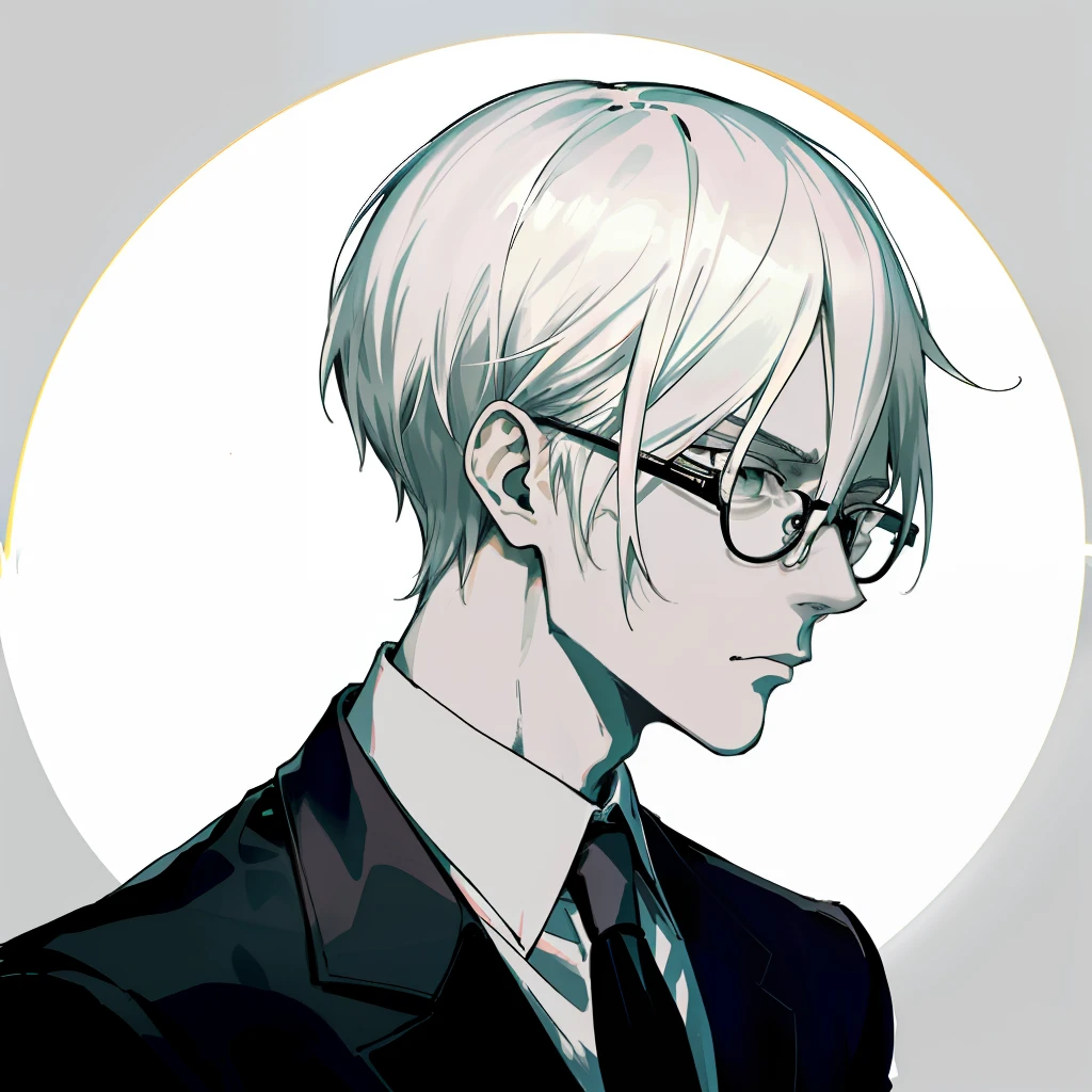 Decim (Death Parade), 1 man, 35-year-old,(black bristle), man wearing glasses, closeup face, profile picture,dresses in a formal and restrained style, a black jacket,white shirt, a professional look,white-ash hair,short hairstyle, tired look,
