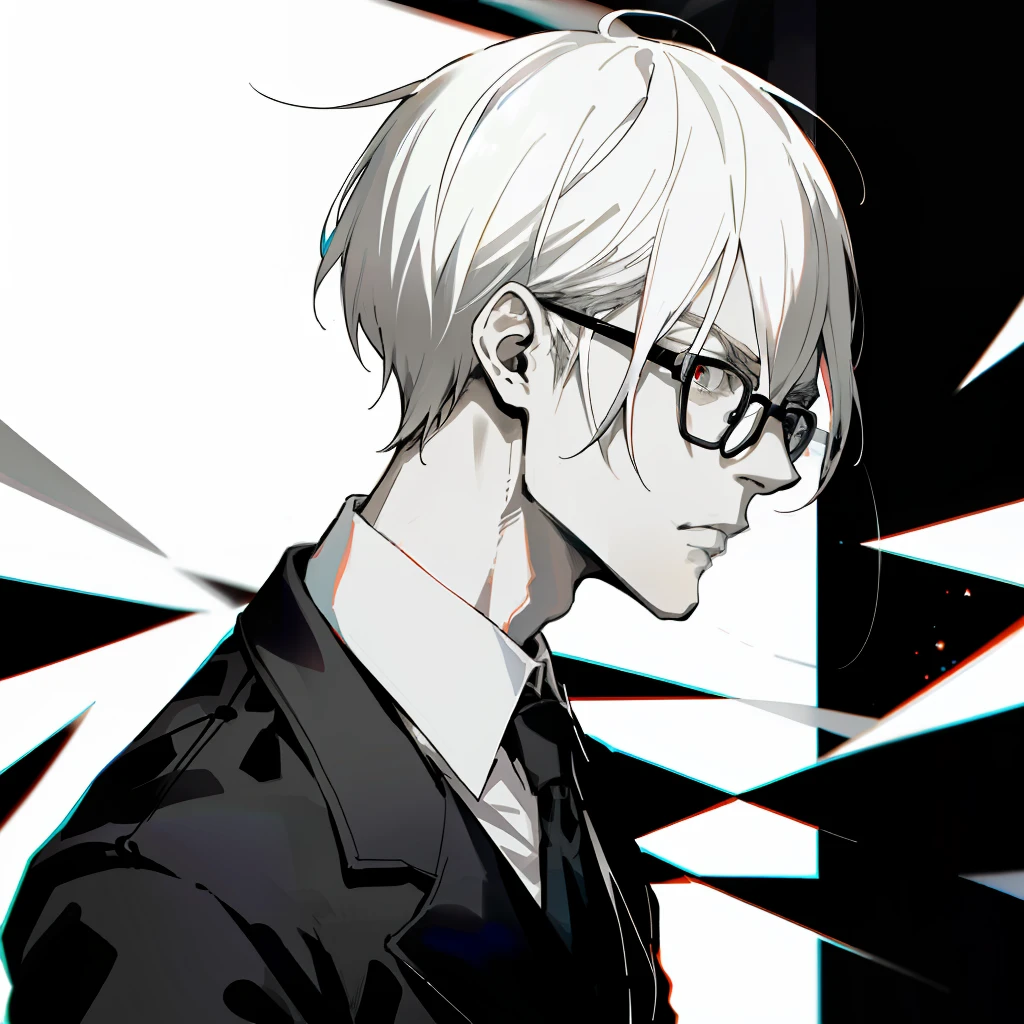 Decim (Death Parade), 1 man, 35-year-old,(black bristle), man wearing glasses, closeup face, profile picture,dresses in a formal and restrained style, a black jacket,white shirt, a professional look,white-ash hair,short hairstyle, tired look,