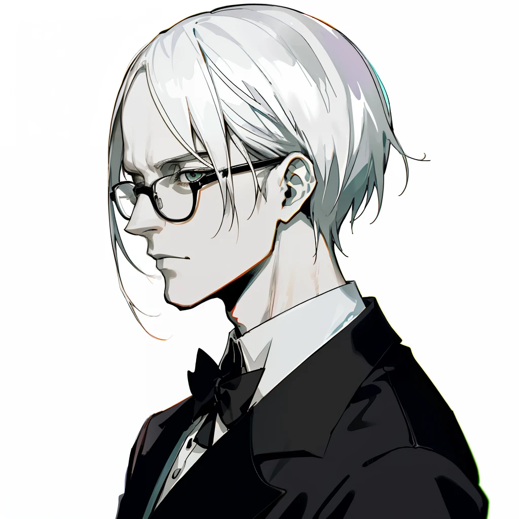 Decim (Death Parade), 1 man, 35-year-old,(black bristle), man wearing glasses, closeup face, profile picture,dresses in a formal and restrained style, a black jacket,white shirt, a professional look,white-ash hair,short hairstyle, tired look,