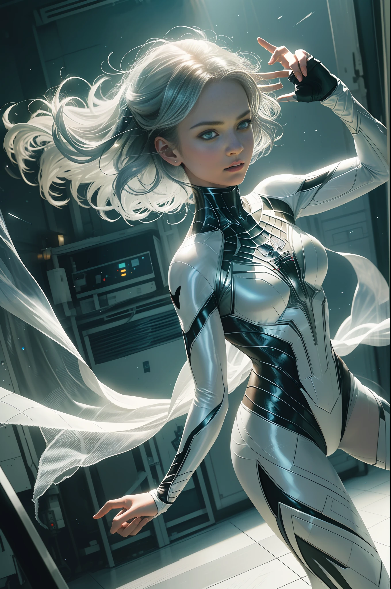 (Extreme Detail CG Unity 8K wallpaper, masterpiece, highest quality), (exquisite lighting and shadow, highly dramatic picture, cinematic lens effect), a girl in a white Spider-Man costume, silver gray hair color, from parallel universes, Marvel, Spider-Man, standing in an empty dance studio, dynamic pose), (excellent detail, outstanding lighting, wide angles), (excellent rendering, enough to stand out in its class), with a focus on the white Spider-Man costume