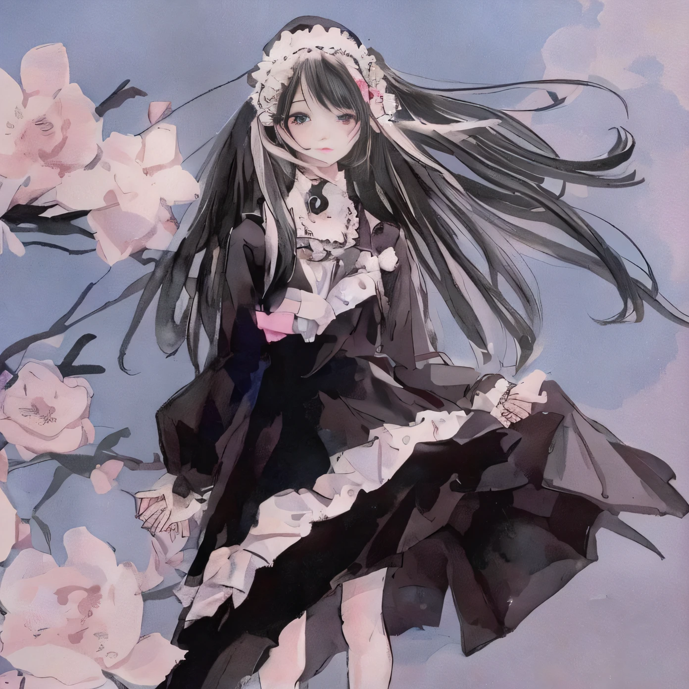 anime girl in a black dress and white hat with flowers, anime girl wearing a black dress, loli in dress, anime girl in a maid costume, by Jin Homura, anime girl with long hair, gothic maiden anime girl, high quality anime artstyle, beautiful anime art, beautiful anime artwork, anime artstyle, cute anime waifu in a nice dress
