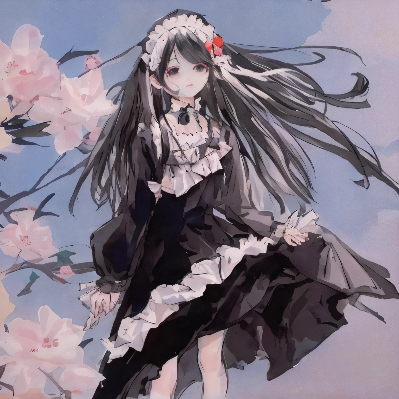 anime girl in a black dress and white hat with flowers, anime girl wearing a black dress, loli in dress, anime girl in a maid costume, by Jin Homura, anime girl with long hair, gothic maiden anime girl, high quality anime artstyle, beautiful anime art, beautiful anime artwork, anime artstyle, cute anime waifu in a nice dress