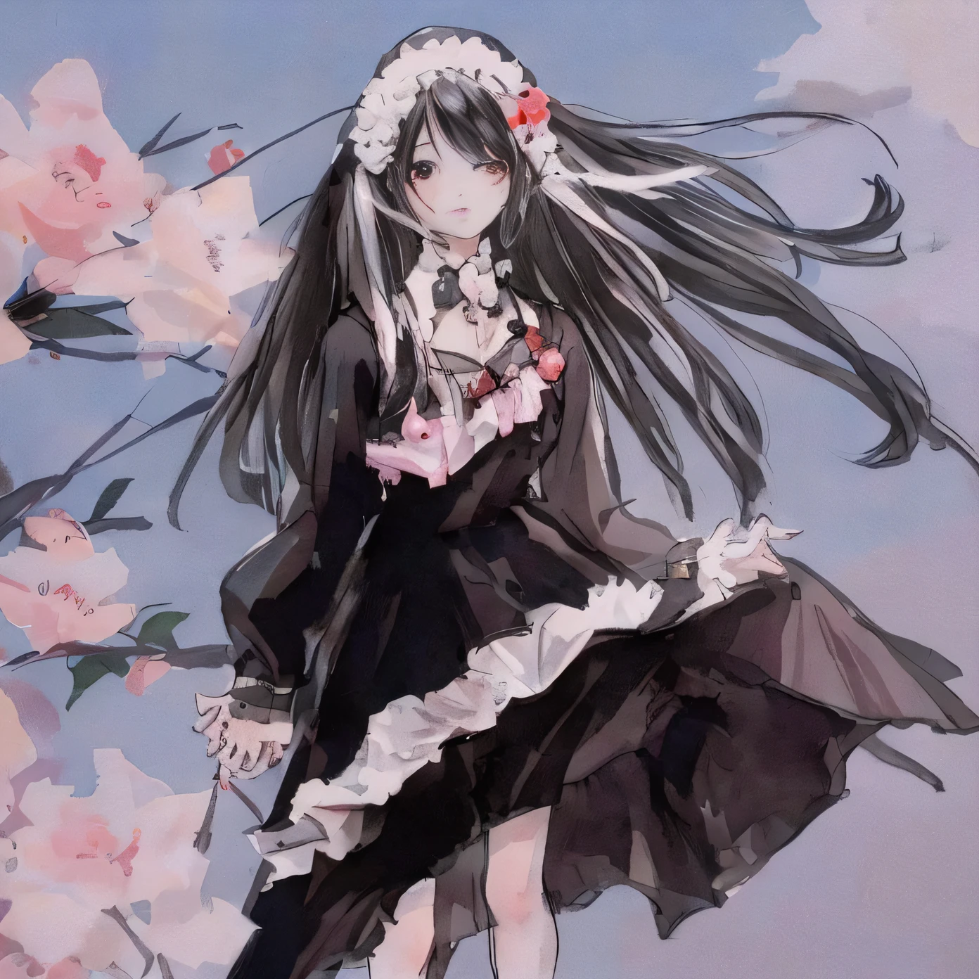 anime girl in a black dress and white hat with flowers, anime girl wearing a black dress, loli in dress, anime girl in a maid costume, by Jin Homura, anime girl with long hair, gothic maiden anime girl, high quality anime artstyle, beautiful anime art, beautiful anime artwork, anime artstyle, cute anime waifu in a nice dress