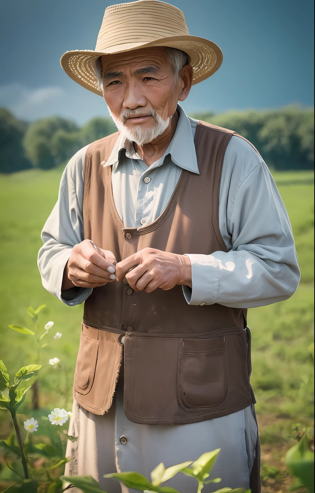 Chinese old man, farmer, farming in field, field background, old age, wrinkles, spots, realistic, best quality, high resolution, photography, background bokeh,