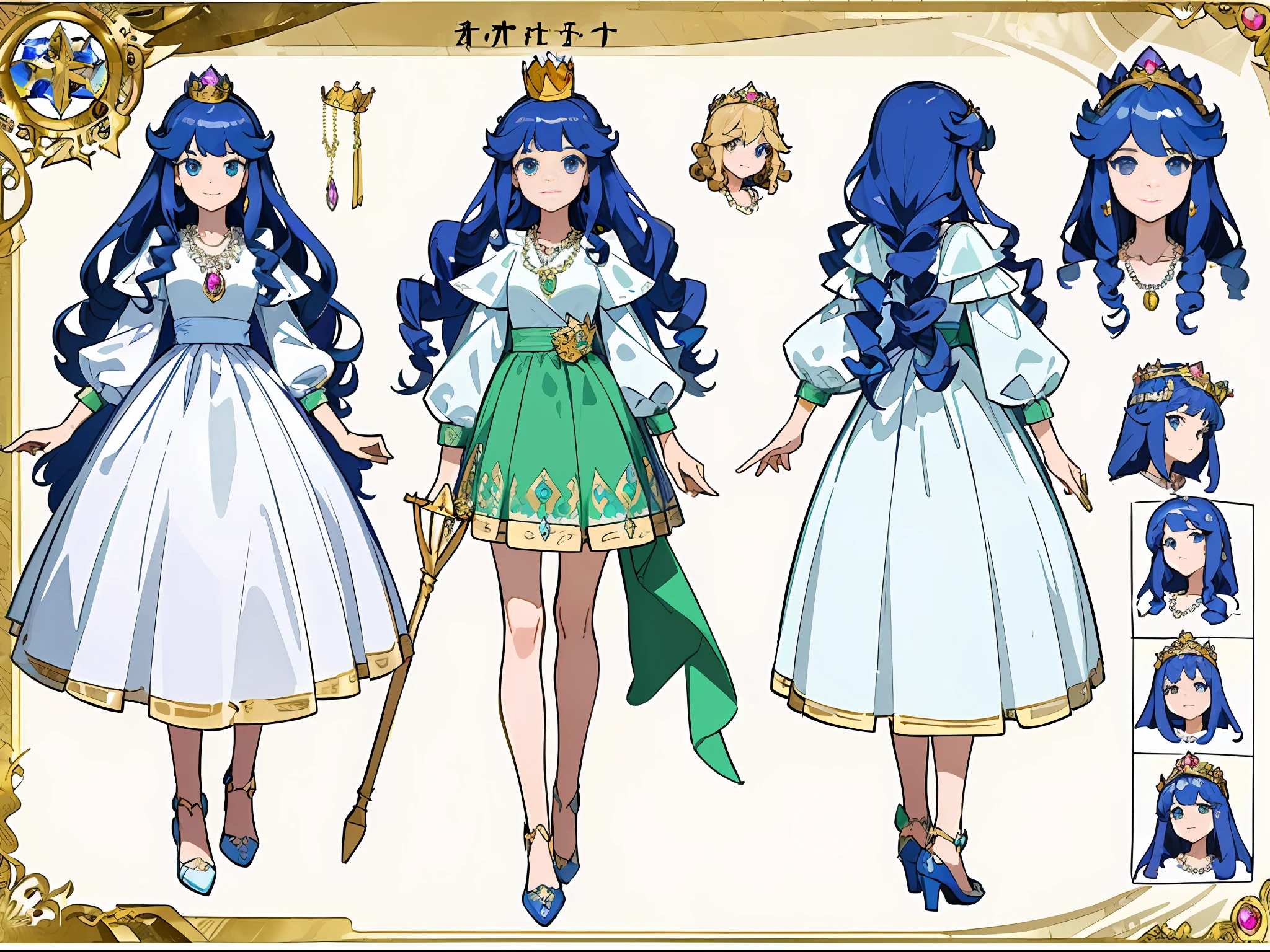(Masterpiece, best quality) detailed, character sheet, character sheet, many items (the same person, gems, crowns, necklaces, scepters, shoes, decorations, many parts), princesses, careful good-looking eyes, good-looking perfect face, long curly hair, full of details