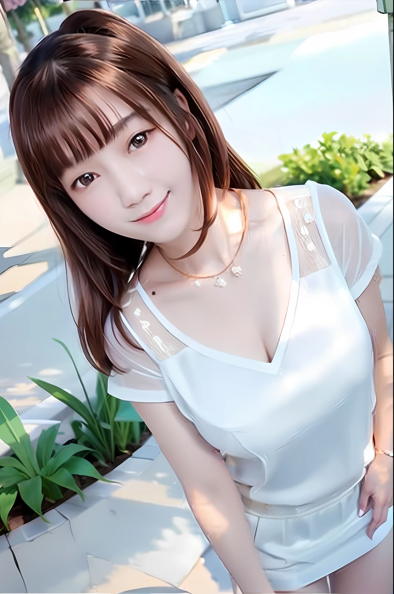 best quality, photorealistic, masterpiece, 8k, high res, solo, 1girl, (((woman))), (medium breast), ((looking at the viewer)), (looking at the camera), boy friend view, (short hair), ponytail, (professional lighting, bokeh), extremely detailed face, fashionable and trendy atmosphere, taiwan, park, ((daytime)), (blouse :1.5), dress, (portrait:0.6), seductive smile, gorgeous, floating hair, (light particles, lens flare, glowing particles:0.6), (dynamic pose:1.1), soft lighting, brown hair, (model figure:1), standing, (obvious mole under eye:1.2), (smile folds:0.8), (mature face:1), teeth, narrow face,
