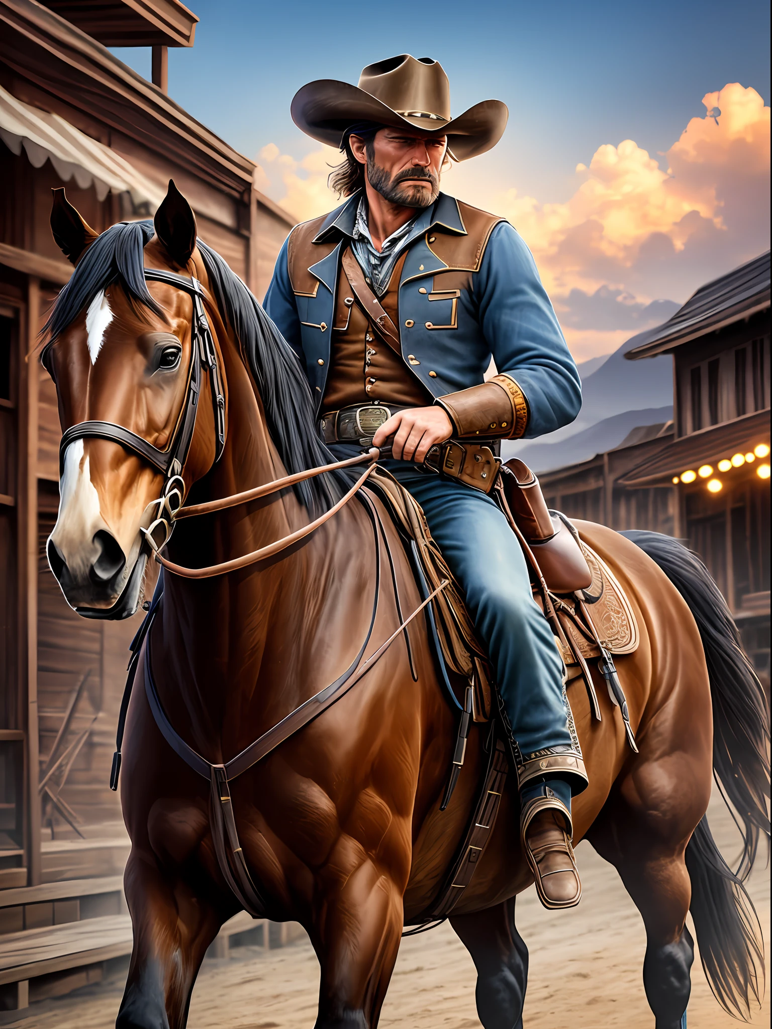 Front angle view, A horse riding cowboy in the street of wild west town, American frontier, in the style of Clint Eastwood, character of (man with no name), detailed face, Perfect body ratio, detail legs and finger, dark brown horse, action theme, 18th century culture, highly detailed, hyper realistic, photorealistic, perfect lighting, chiaroscuro effect, volumetric lighting, 8k resolution --auto --s2