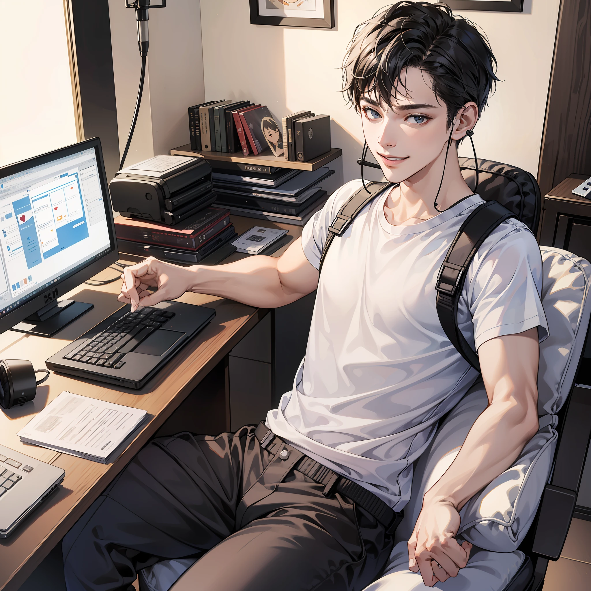 Masterpiece, high quality, best quality, HD, realistic, perfect lighting, detailed face, detailed body, 1 man, short black hair, white t-shirt, (smile emoji: 1.5) (happy face: 1.5), wearing headphones, sitting in front of computer screen, soulful singing, room