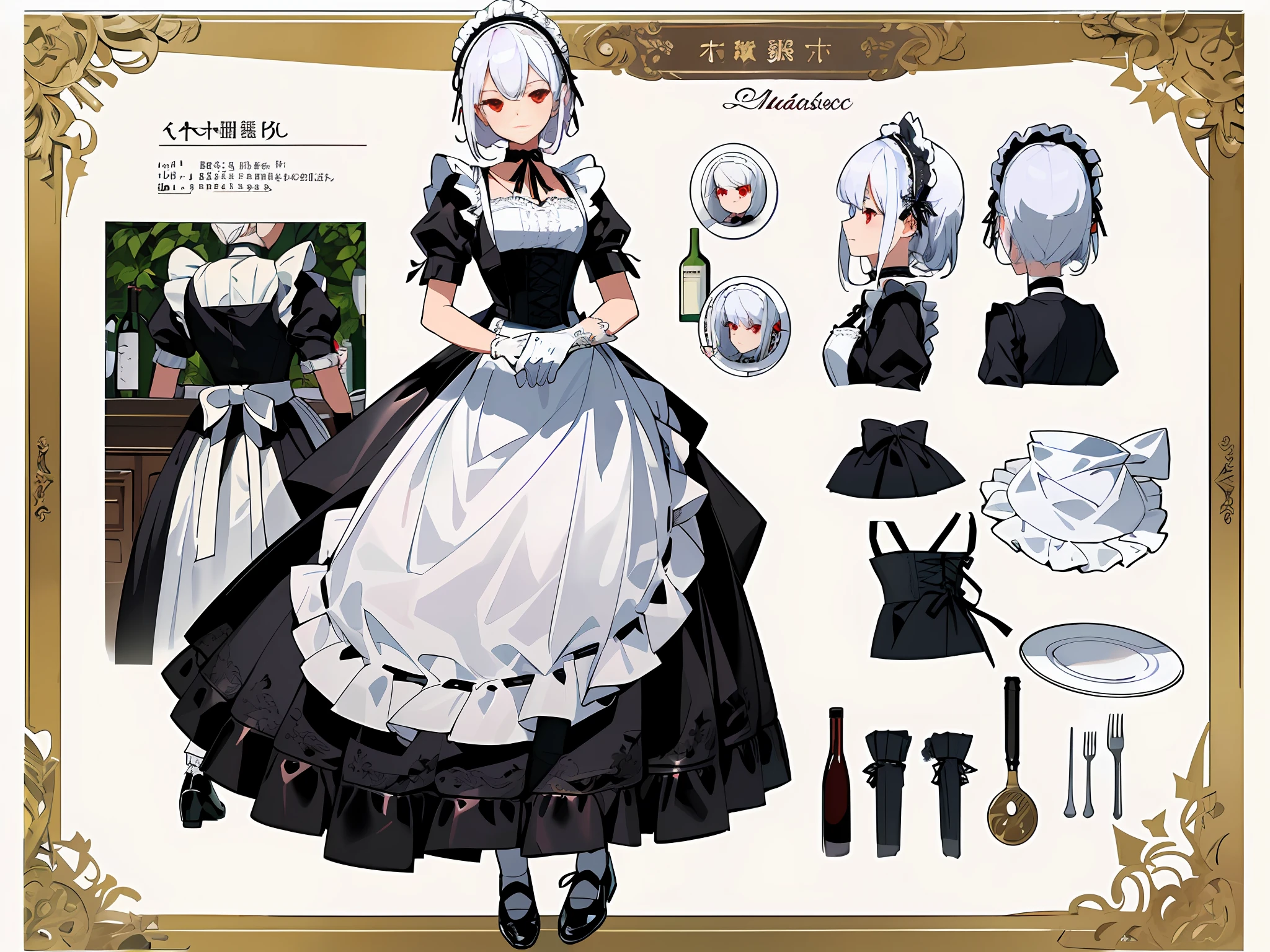 (Masterpiece, best quality) detailed, character sheet, many items (the same person, maid headdress, maid apron, lace choker, black leather shoes, white gloves, plate with wine glass, decoration, many parts), maid, red eyes, perfect face, white hair, bangs, full of details,