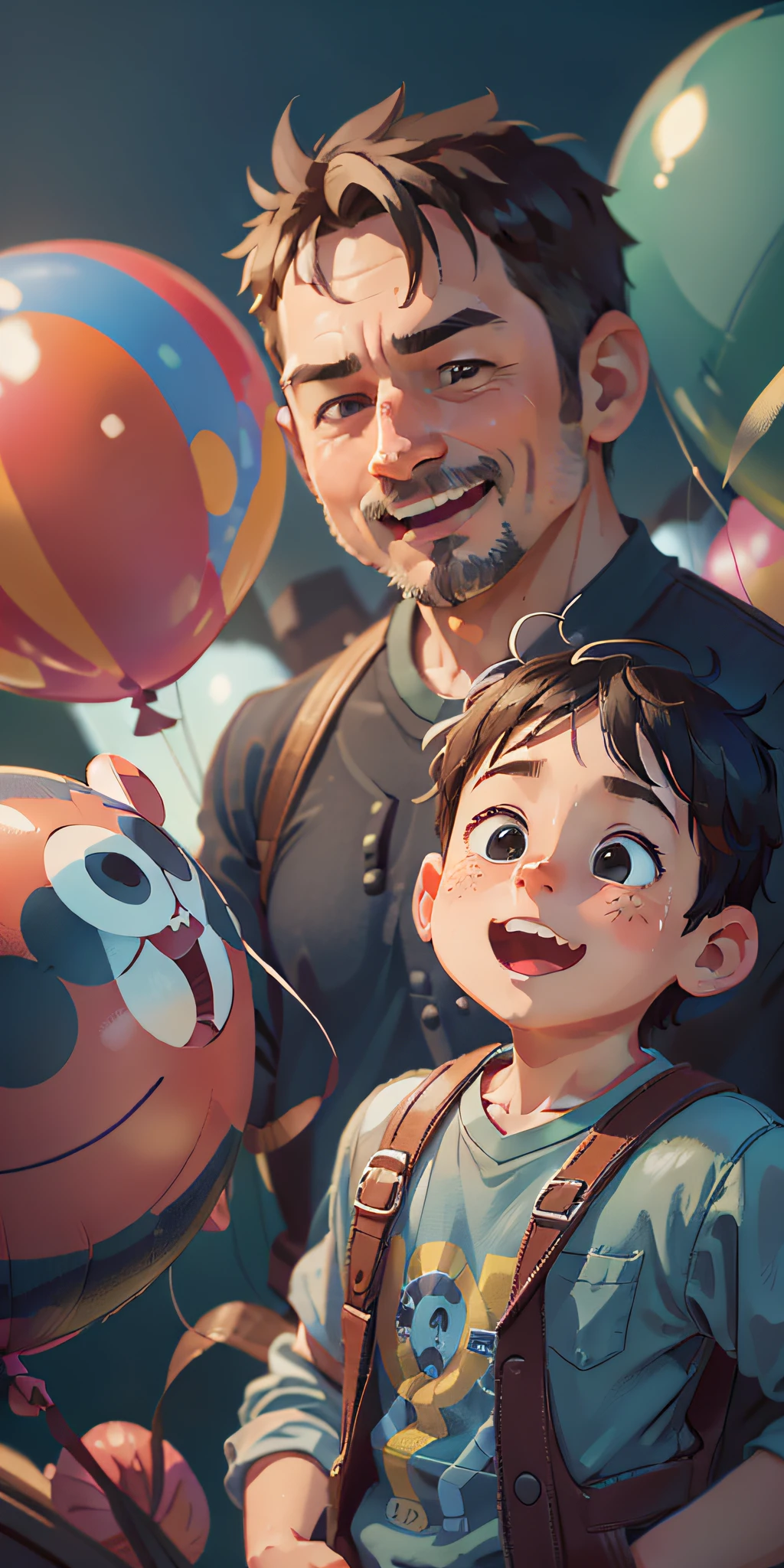 sfw), father and , father, 5 year amusement park, holding balloons, happy, happy, perfect quality, clear focus (clutter - home: 0.8), (masterpiece: 1.2) (realistic: 1.2) (bokeh) (best quality) (detailed skin: 1.3) (intricate details) (8K) (detail eyes) (sharp focus), (happy)