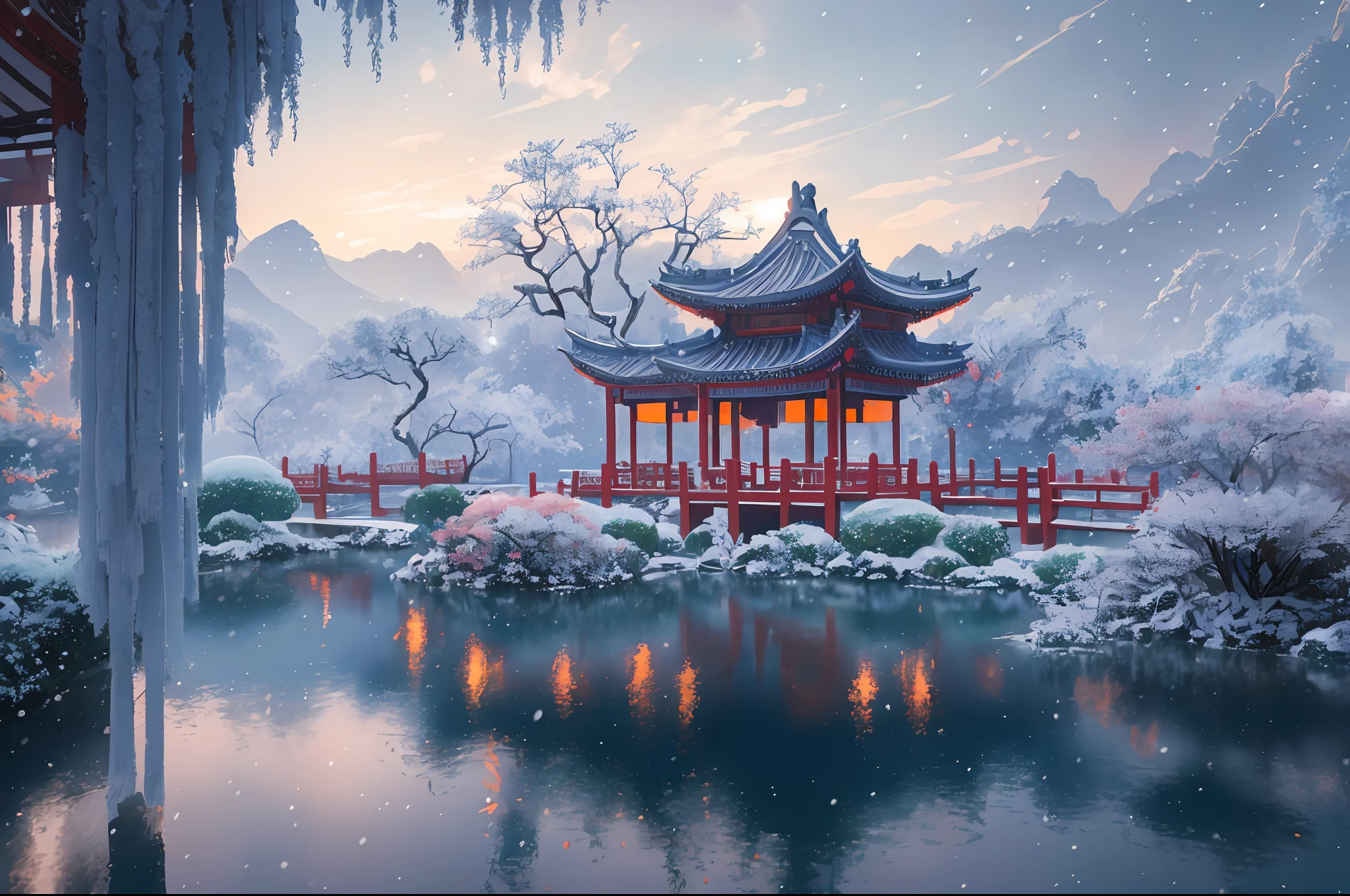 Masterpiece, best quality, high quality, extremely detailed CG unity 8k wallpaper, classical Chinese garden, landscape, Suzhou, winter, ((snowing)), outdoor, sky, daytime, landscape, water, tree, blue sky, waterfall, nature, lake, river, cloudy sky, award winning photography, bokeh, depth of field, HDR, bloom, chromatic aberration, realism, very detailed, sad, trends on artstation, trends on CGsociety, intricate, high detail, dramatic, Midjourney art
