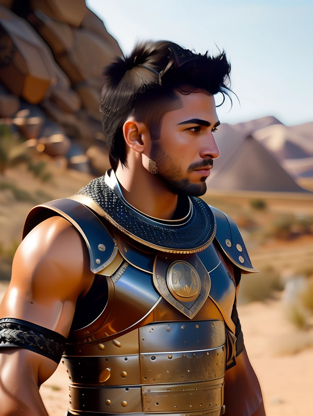 fking_scifi, fking_scifi_v2, portrait of a young, muscular very handsome and attractive Gladiator warrior man, in front of a sand desert, short messy hair, hairy body, rich colorful and bronze jewelry, close up, regal pose and attitude. fking_cinema_v2. , very strong and fitted, intense action, dynamic juxtaposition, warrior helmet and a sword, fierce look, looking at the viewer, fierce look, tumblr contest winner, hurufiyya, very strong fitted and masculine, movie still, cinematic lighting. photograph, detailed symmetric realistic face, extremely detailed natural texture, peach fuzz, long waived hair, masterpiece, absurdres, nikon d850 film stock photograph, kodak portra 400 camera f1.6 lens, extremely detailed, amazing, fine detail, intense actio, hyper realistic lifelike texture, dramatic lighting, unrealengine, trending on artstation, cinestill 800 tungsten, looking at the viewer, photo realistic, RAW photo, TanvirTamim, high quality, highres, sharp focus, extremely detailed, cinematic lighting, action, 8k uhd,-imagine-