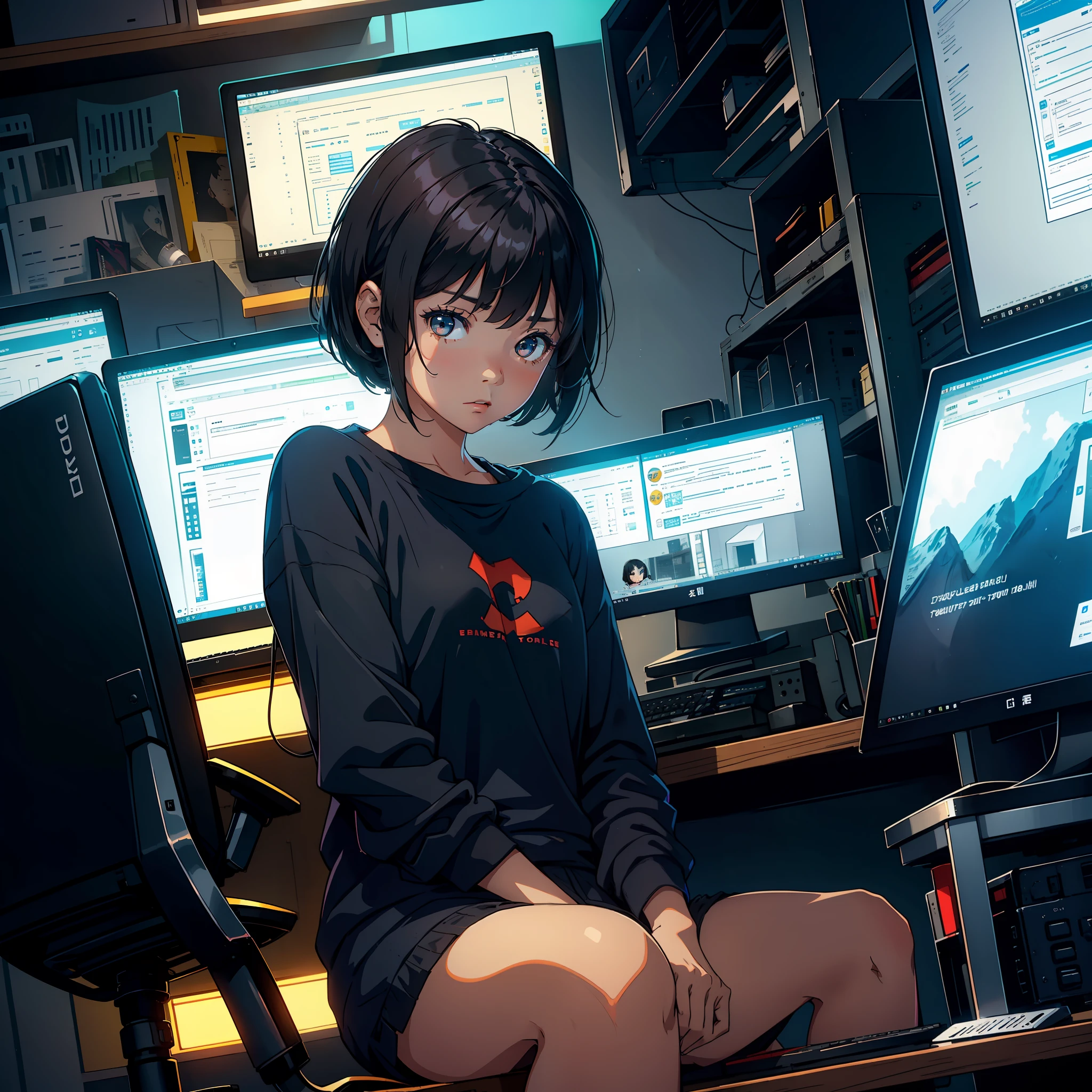 A girl, short black hair and an innocent expression, sits in front of a computer screen