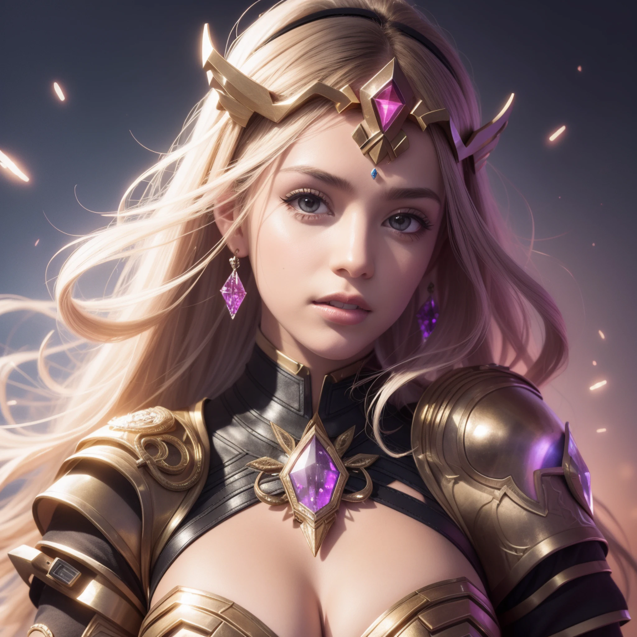girl, with futuristic clothing, crystals, gauntlet on one arm large, photorealistic, professional portrait