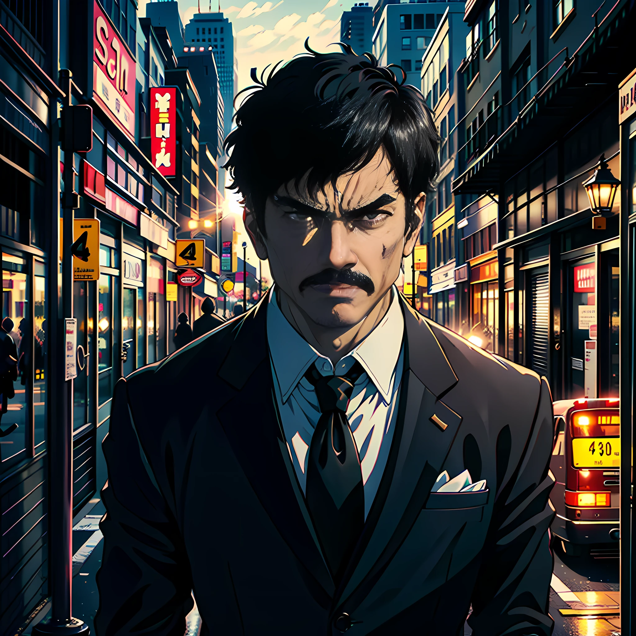 On the street, a middle-aged man is followed by a driver, with a face super detailed, wearing a suit, short black hair, black eyes, some angry, super high detail, highly real, 4K, chiaroscuro, super detail