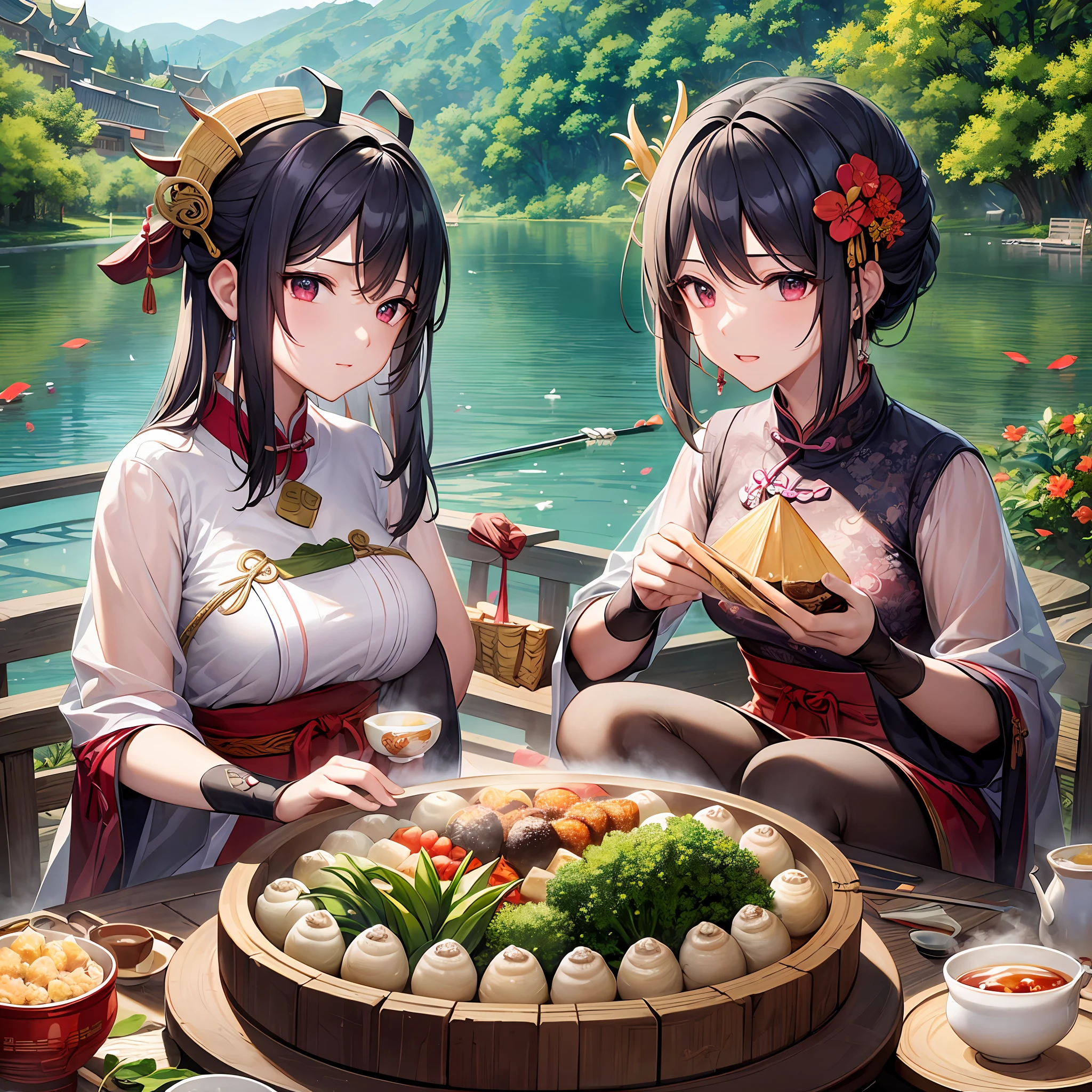 Masterpiece, HD, a poster, the theme is Dragon Boat Festival, triangle zongzi, zongzi, rice dumplings, Chinese tea sets, wormwood herbs, dragon boats, family reunion, early summer, water drops, sunshine, clear sky, --auto --s2