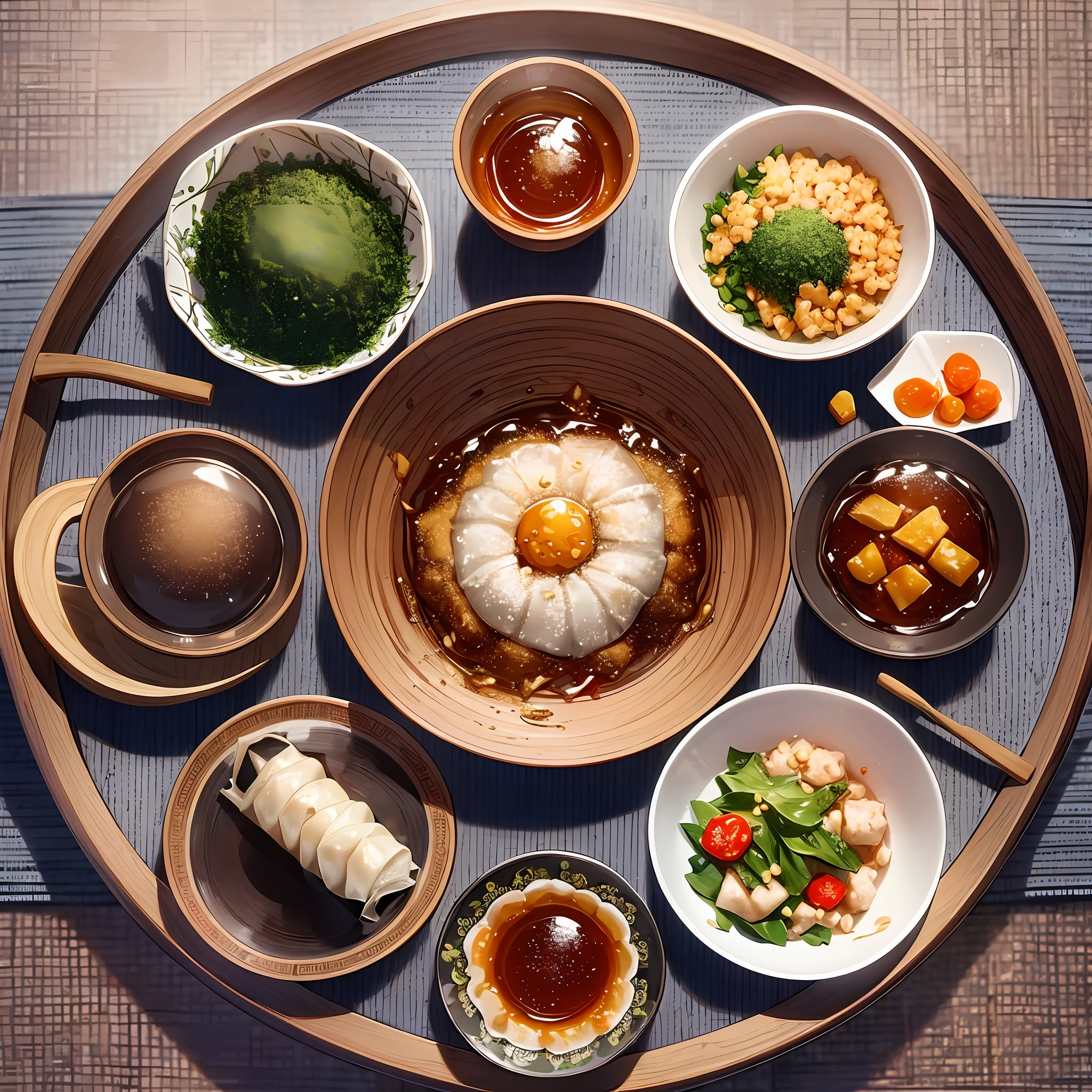 Masterpiece, HD, a poster, the theme is Dragon Boat Festival, triangle zongzi, zongzi, rice dumplings, Chinese tea sets, wormwood herbs, dragon boats, family reunion, early summer, water drops, sunshine, clear sky, --auto --s2