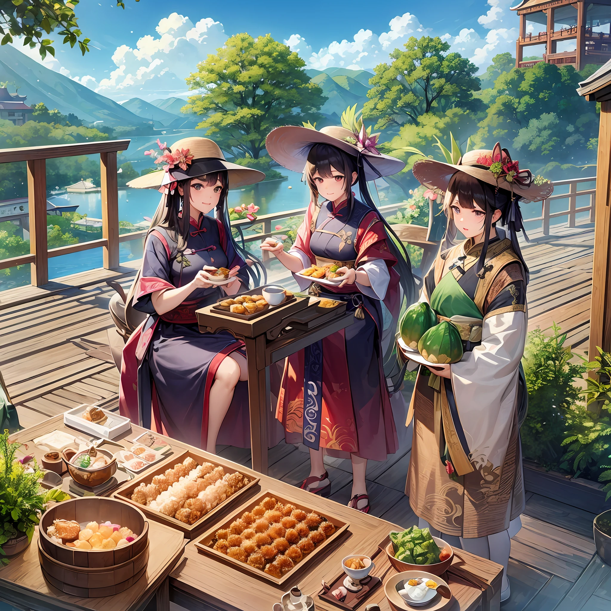 Masterpiece, HD, a poster, the theme is Dragon Boat Festival, triangle zongzi, zongzi, rice dumplings, Chinese tea sets, wormwood herbs, dragon boats, family reunion, early summer, water drops, sunshine, clear sky, --auto --s2