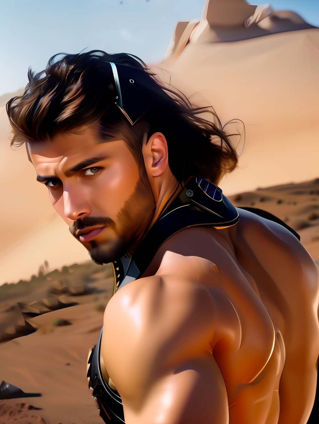 fking_scifi, fking_scifi_v2, portrait of a young, muscular very handsome and attractive Gladiator warrior man, in front of a sand desert, short messy hair, hairy body, slavery clothing, close up, regal pose and attitude. fking_cinema_v2. , very strong and fitted, very intense action, dynamic juxtaposition, a sword, fierce look, looking at the viewer, fierce look, tumblr contest winner, hurufiyya, very strong fitted and masculine, movie still, cinematic lighting. photograph, detailed symmetric realistic face, extremely detailed natural texture, peach fuzz, long waived hair, masterpiece, absurdres, nikon d850 film stock photograph, kodak portra 400 camera f1.6 lens, extremely detailed, amazing, fine detail, intense actio, hyper realistic lifelike texture, dramatic lighting, unrealengine, trending on artstation, cinestill 800 tungsten, looking at the viewer, photo realistic, RAW photo, TanvirTamim, high quality, highres, sharp focus, extremely detailed, cinematic lighting, action, 8k uhd,-imagine-