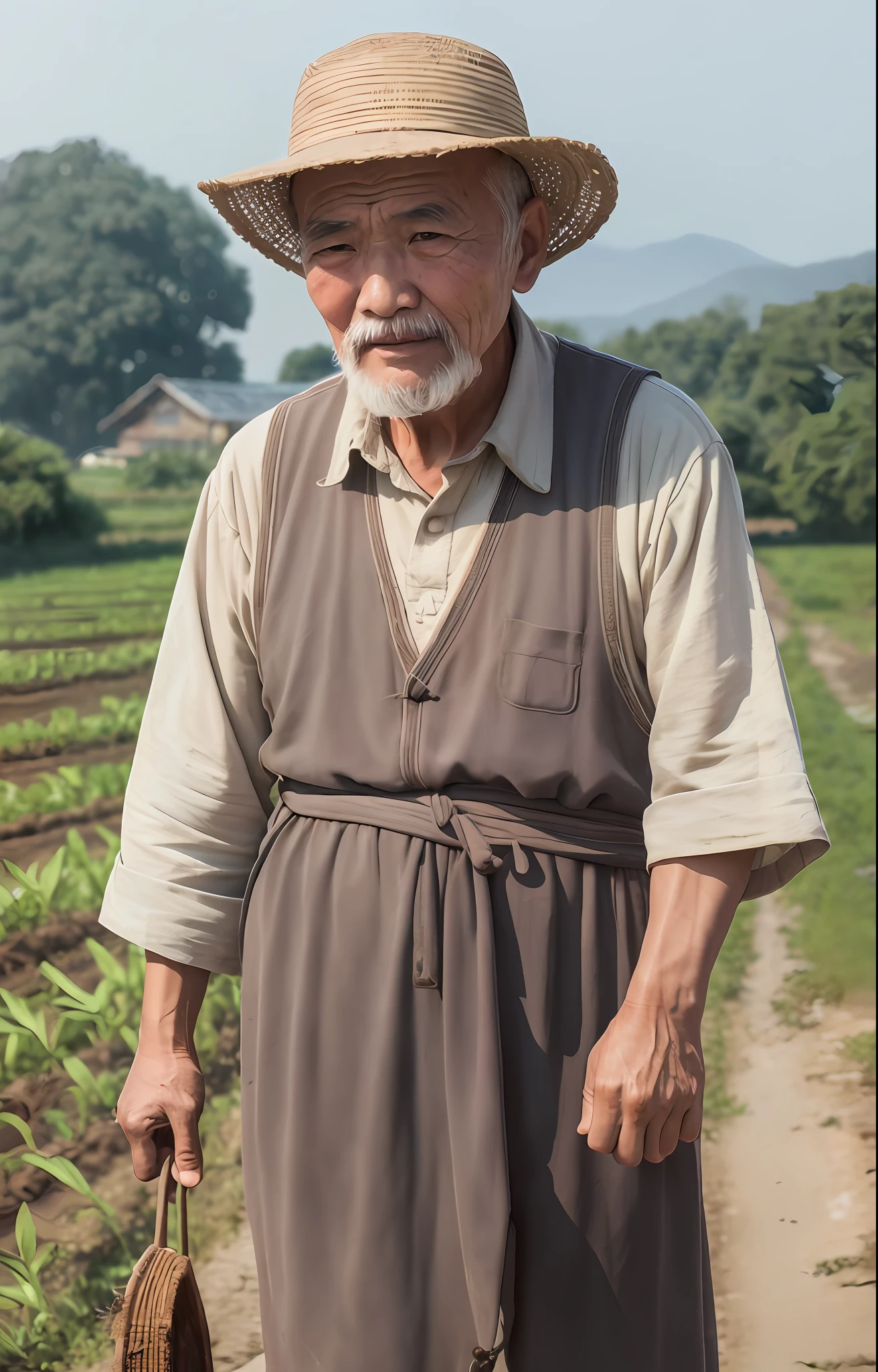 Chinese old man, farmer, farming in field, field background, old age, wrinkles, spots, realistic, best quality, high resolution, photography, background bokeh,