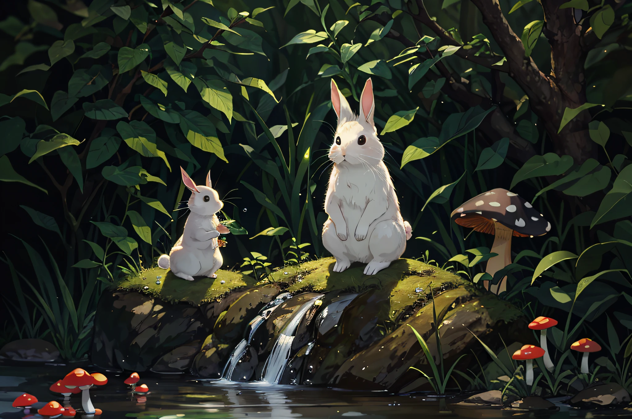 Masterpiece, macro photo of a little rabbit drinking water in the forest, dusk, mushrooms, dewdrops, high contrast, Studio Ghibli style, highly complex, highly detailed, photorealistic style